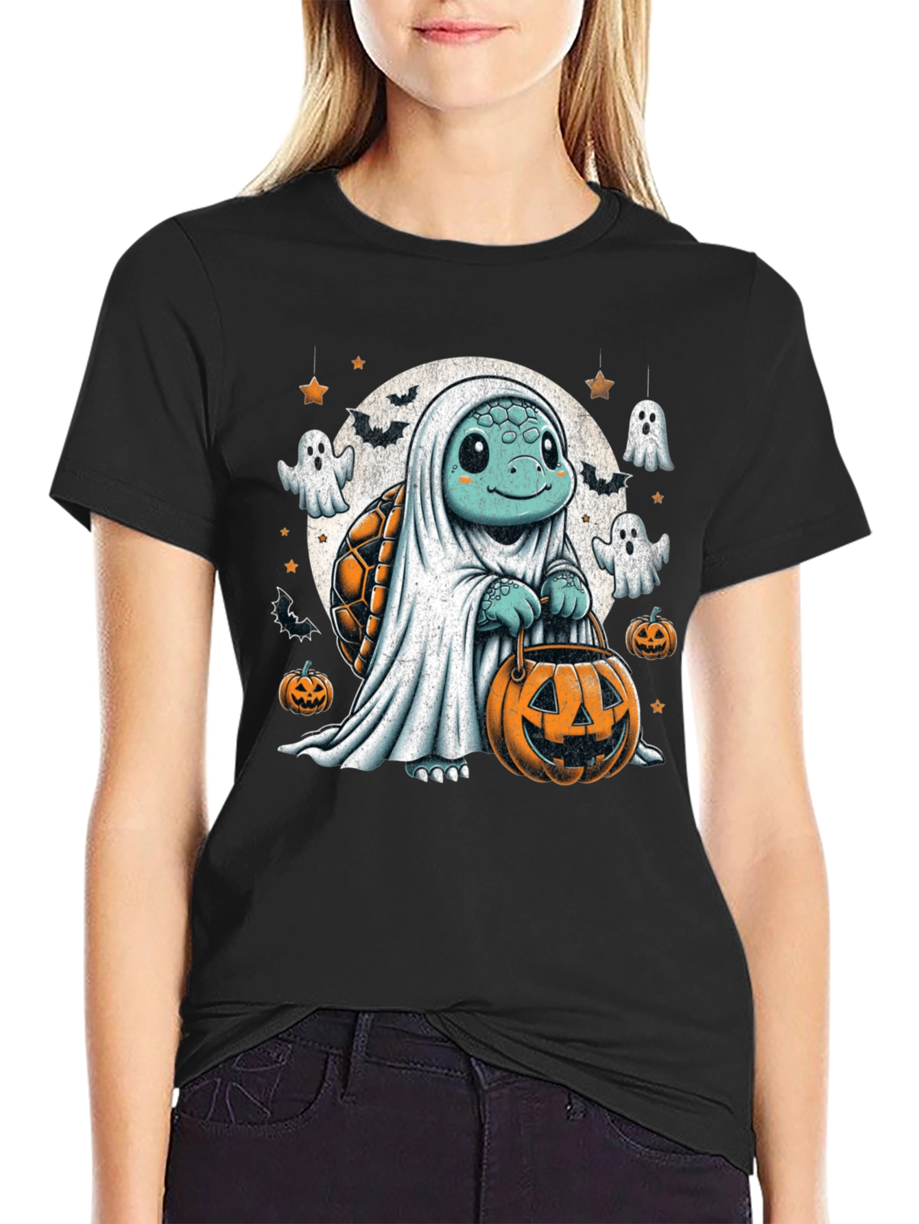 Camiseta Negra con Tortuga Fantasma de Halloween