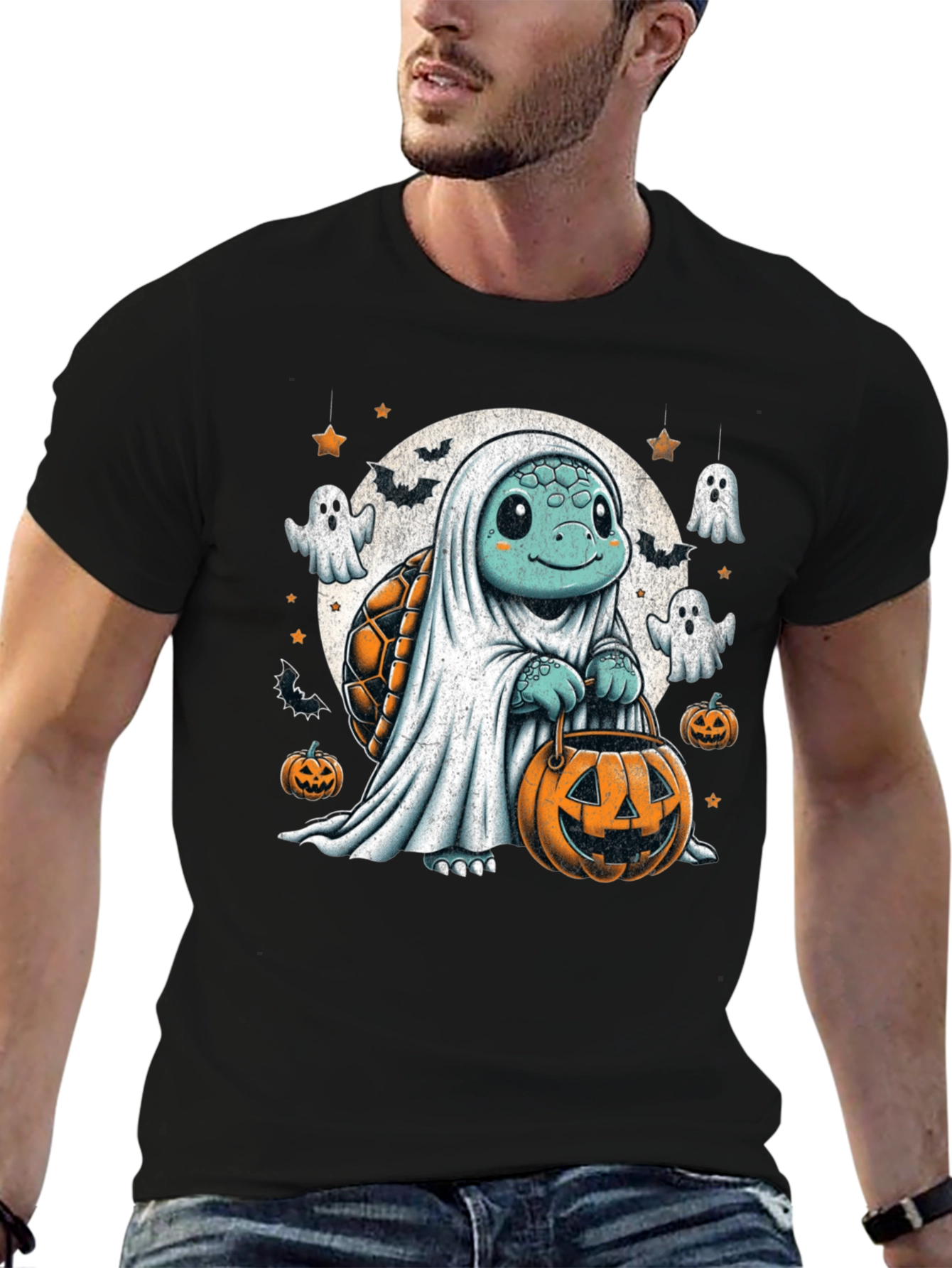 Camiseta Negra con Tortuga Fantasma de Halloween