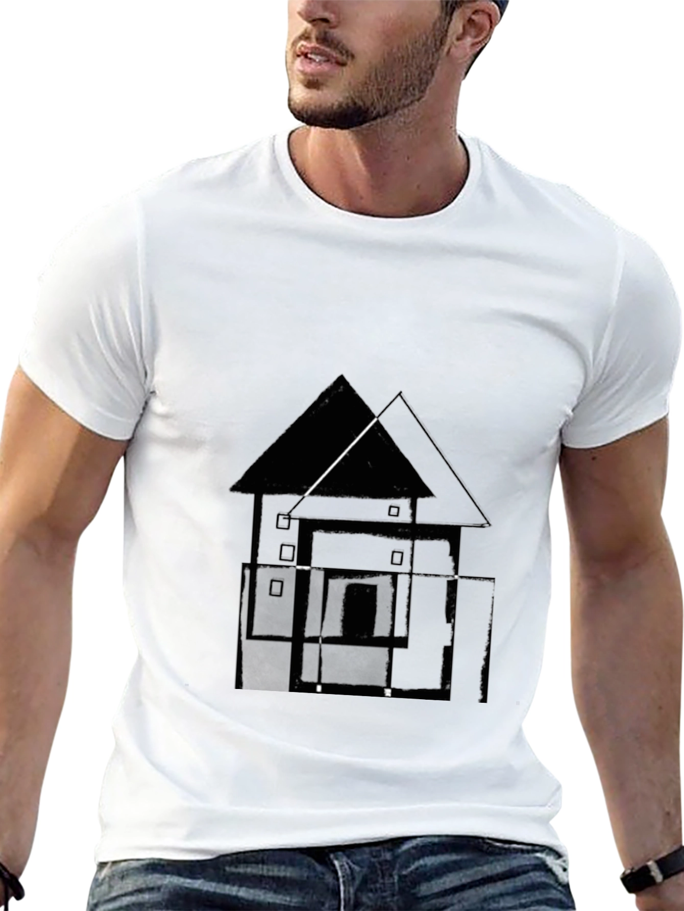 Camiseta Negra con Diseño Abstracto de Casa