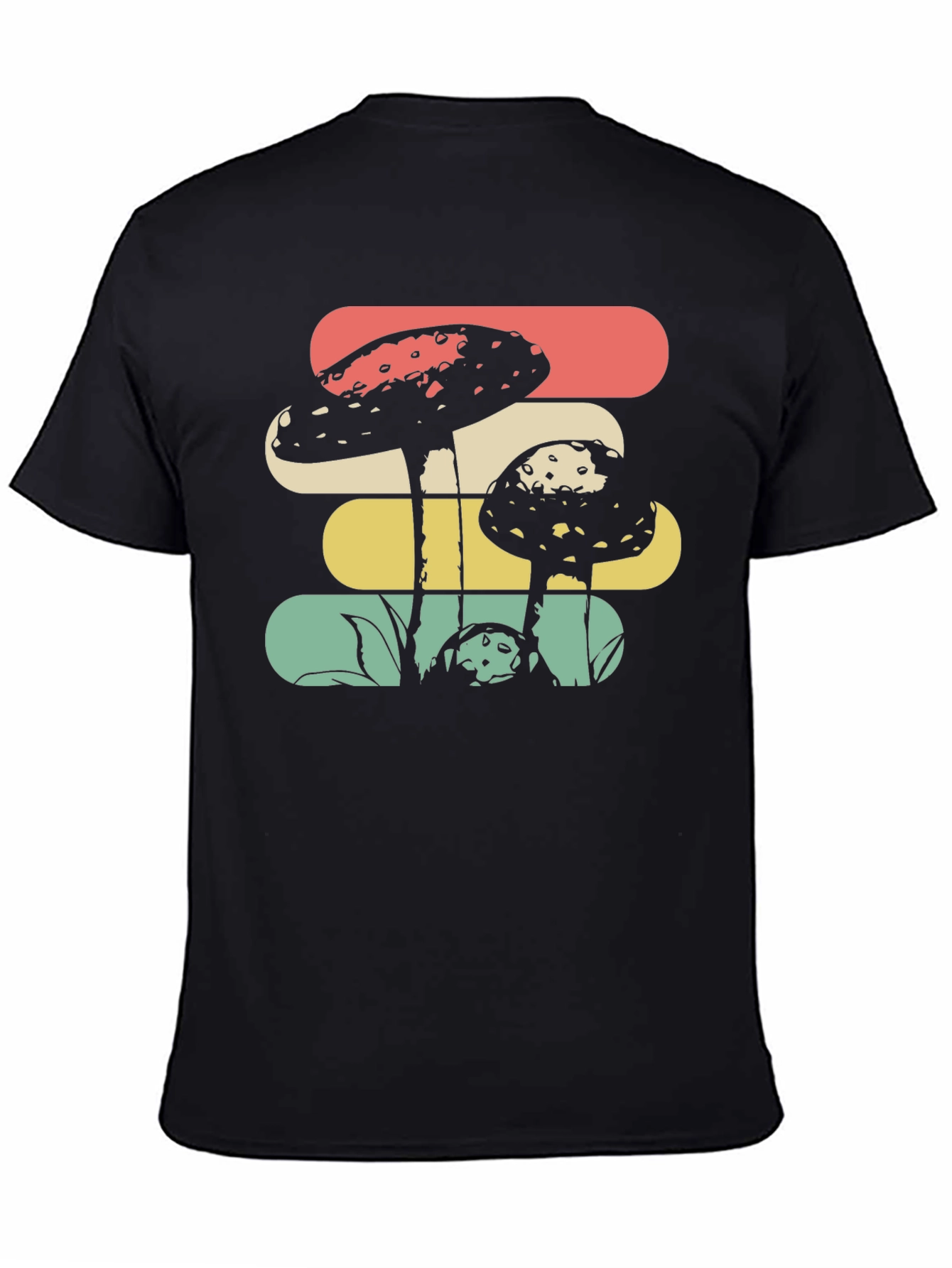 Camiseta Negra con Diseño de Hongos Retro