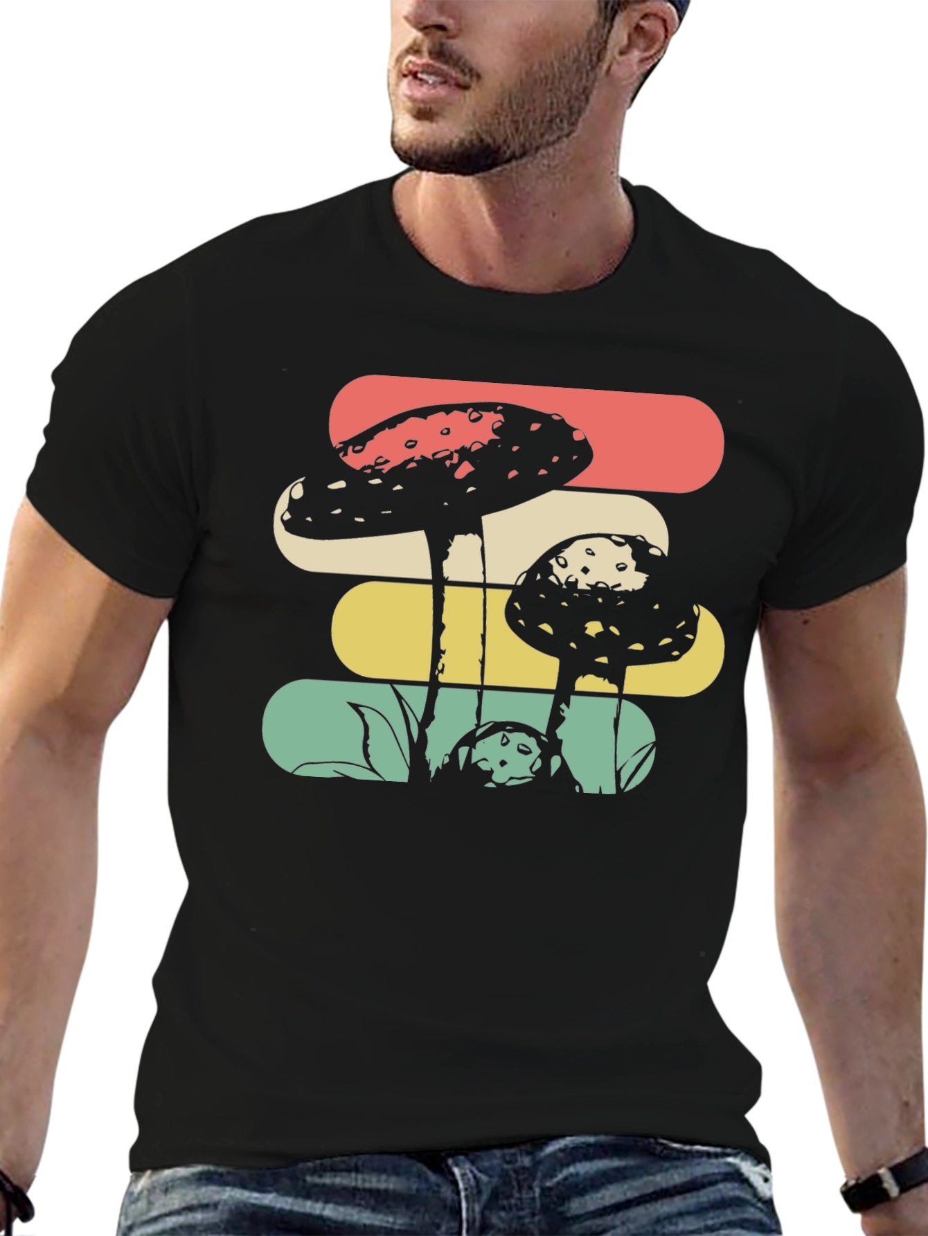 Camiseta Negra con Diseño de Hongos Retro