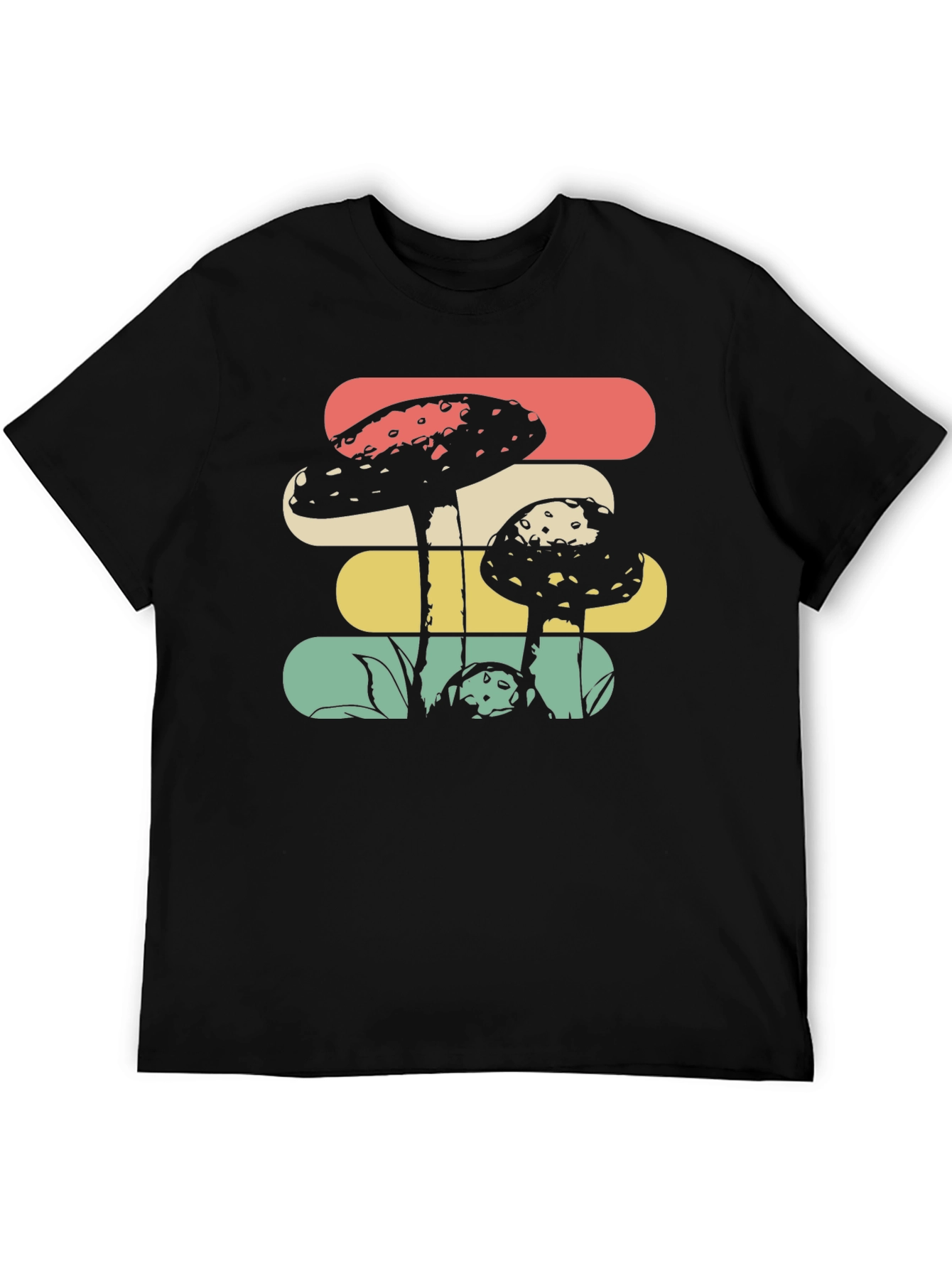 Camiseta Negra con Diseño de Hongos Retro