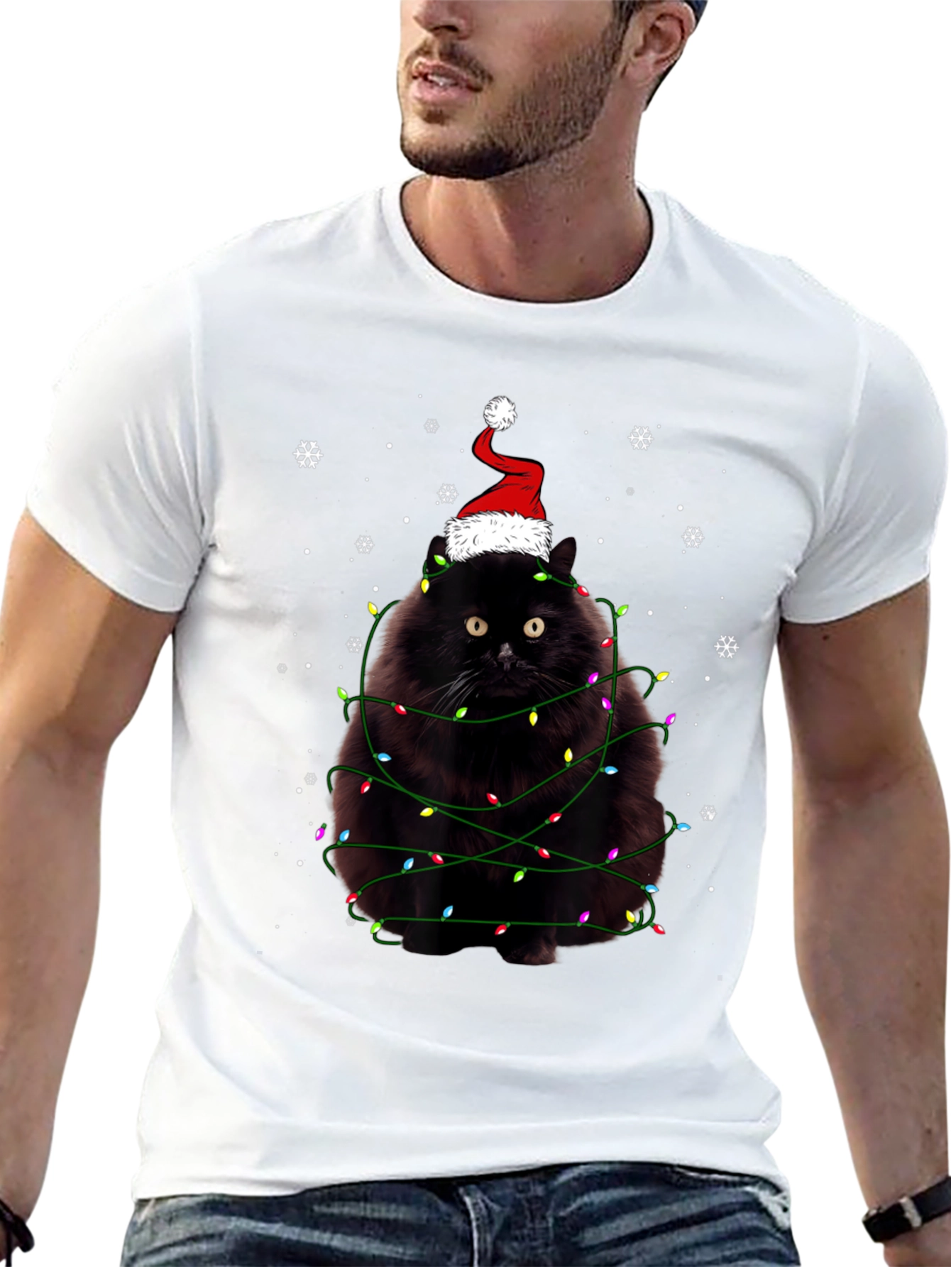 Camiseta Navideña Gato Negro con Luces y Gorro