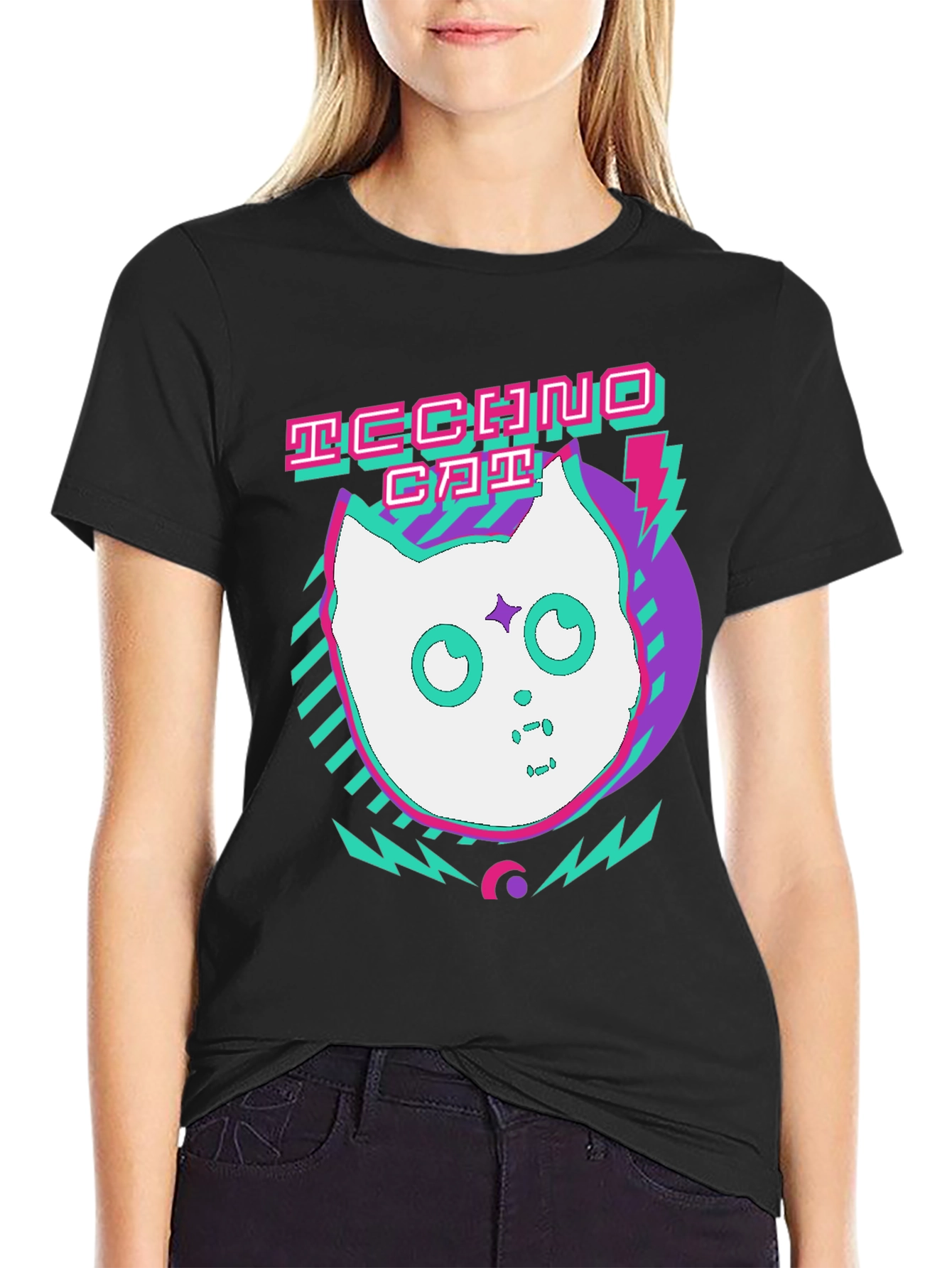 Camiseta Negra Techno Cat Diseño Retro
