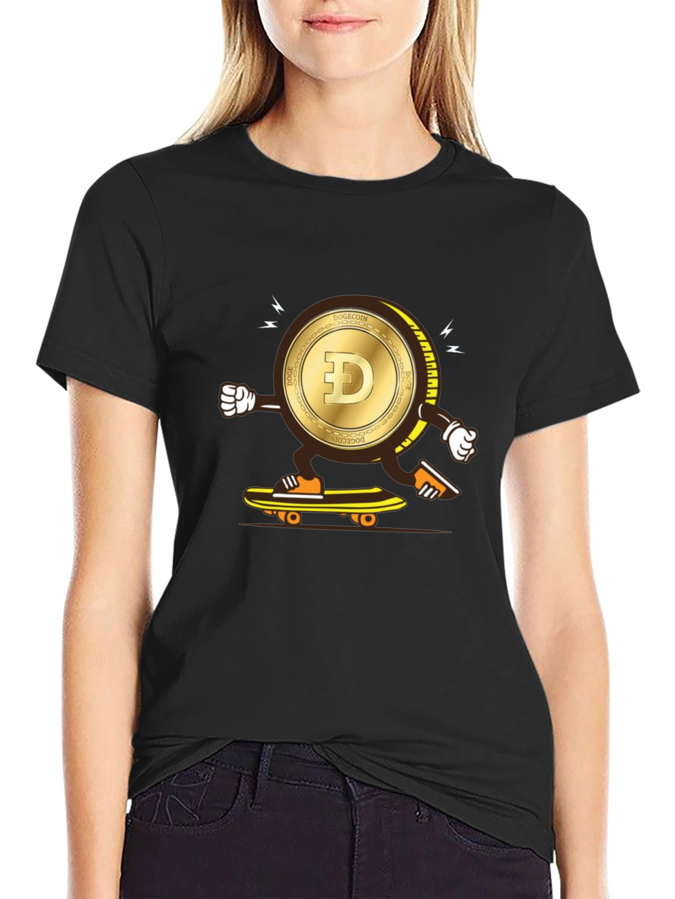 Camiseta Negra con Diseño de Dogecoin Skate