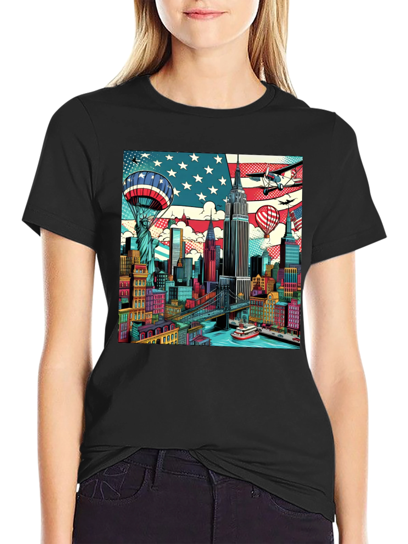 Camiseta Negra con Diseño Urbano Estadounidense