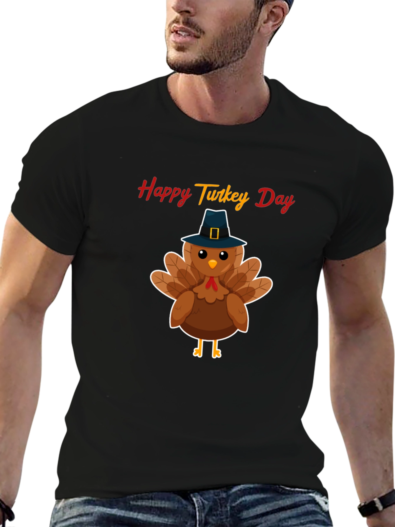 Camiseta Negra Feliz Día del Pavo - Diseño festivo