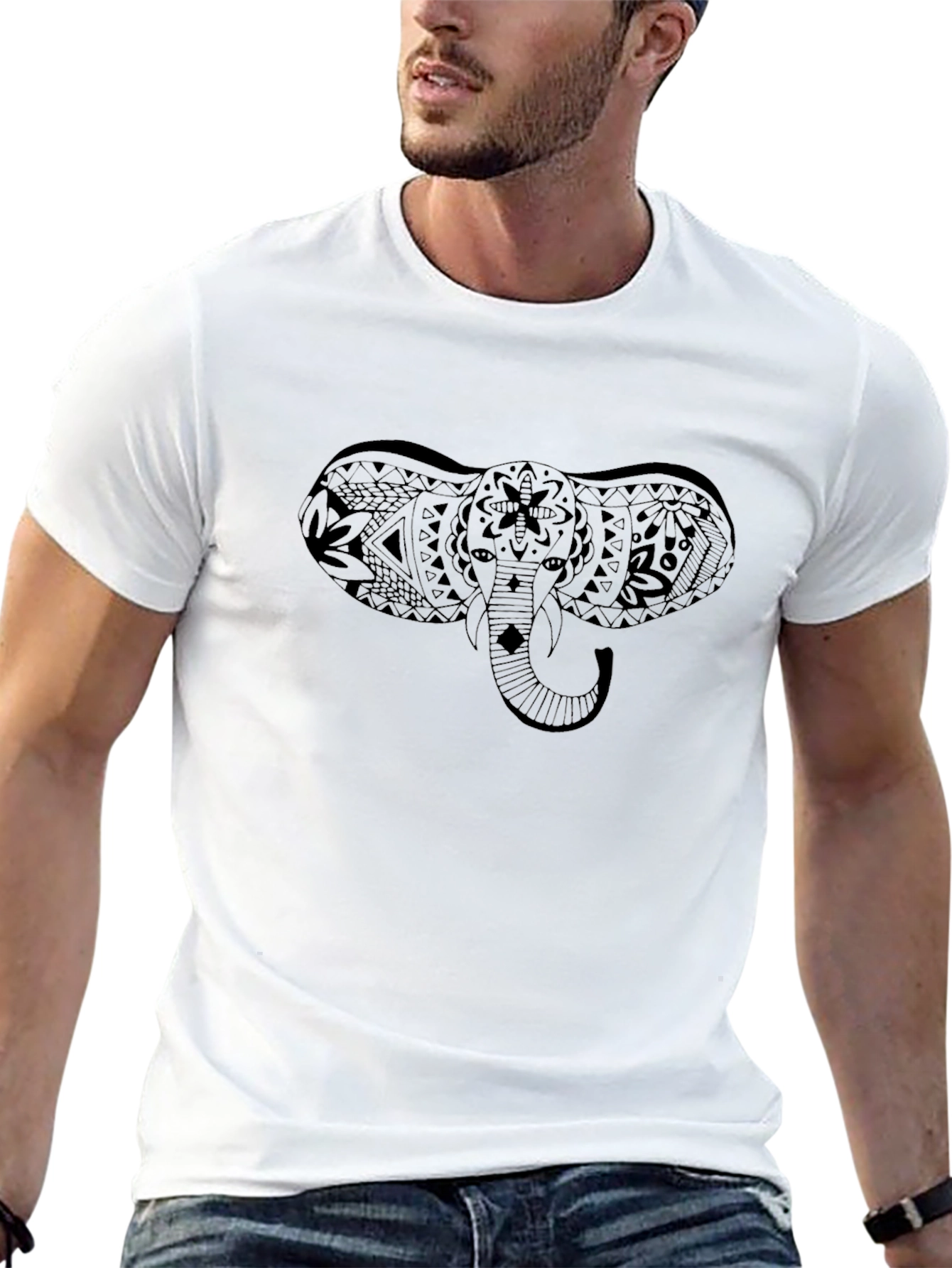 Camiseta Negra Estampado Elefante Tribal