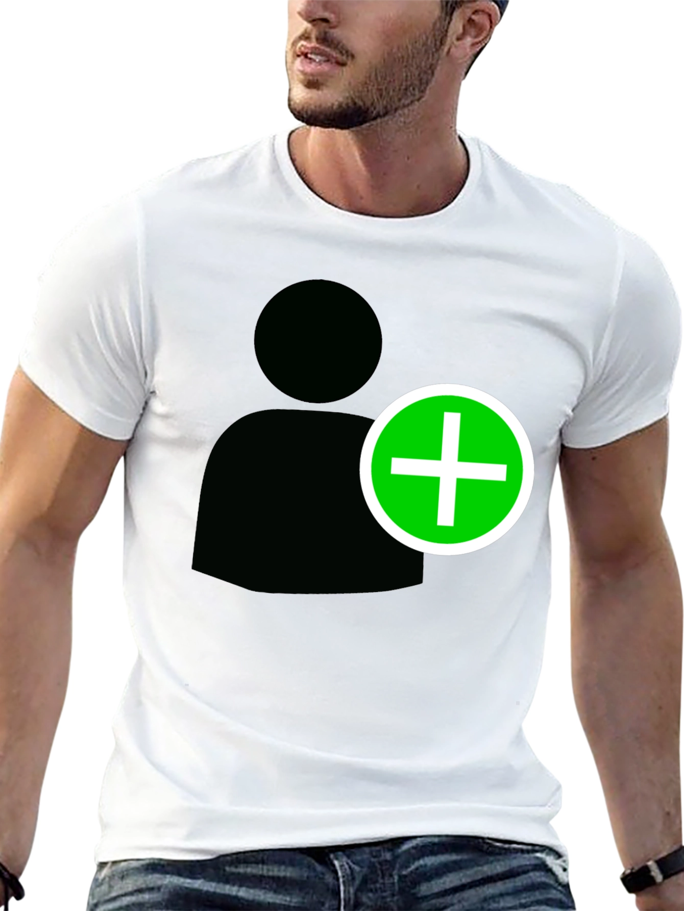 Camiseta Negra con Icono de Usuario y Signo Más