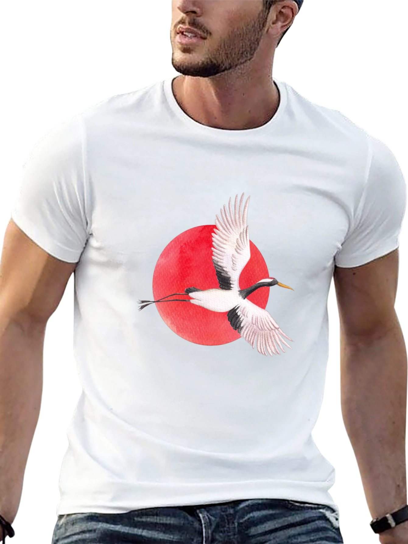 Camiseta Negra con Grulla Japonesa y Sol Rojo