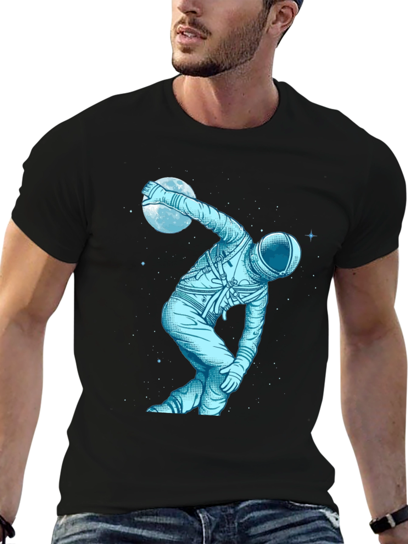 Camiseta Negra Astronauta Jugando con la Luna