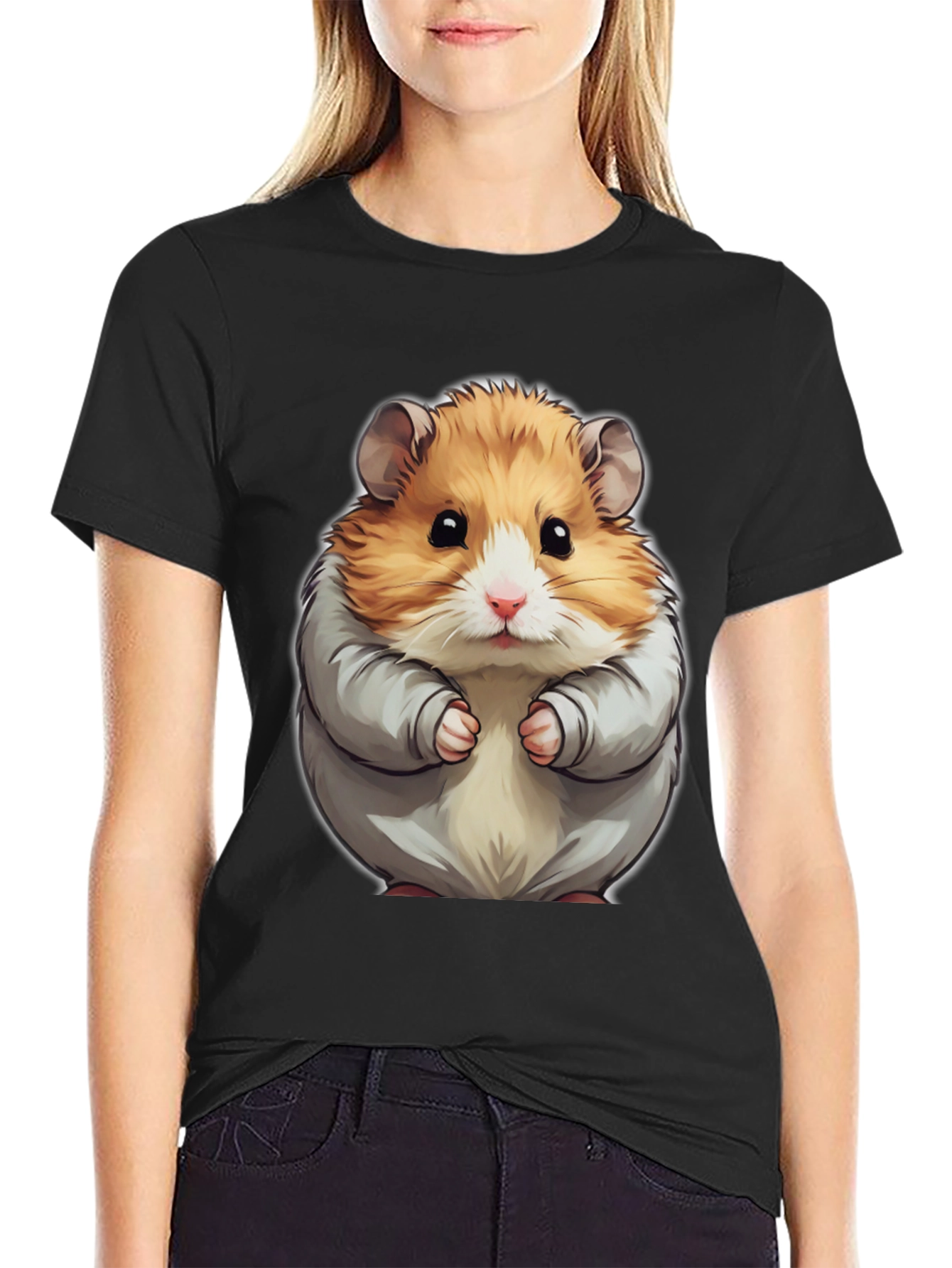 Camiseta Negra con Estampado de Hámster Adorable