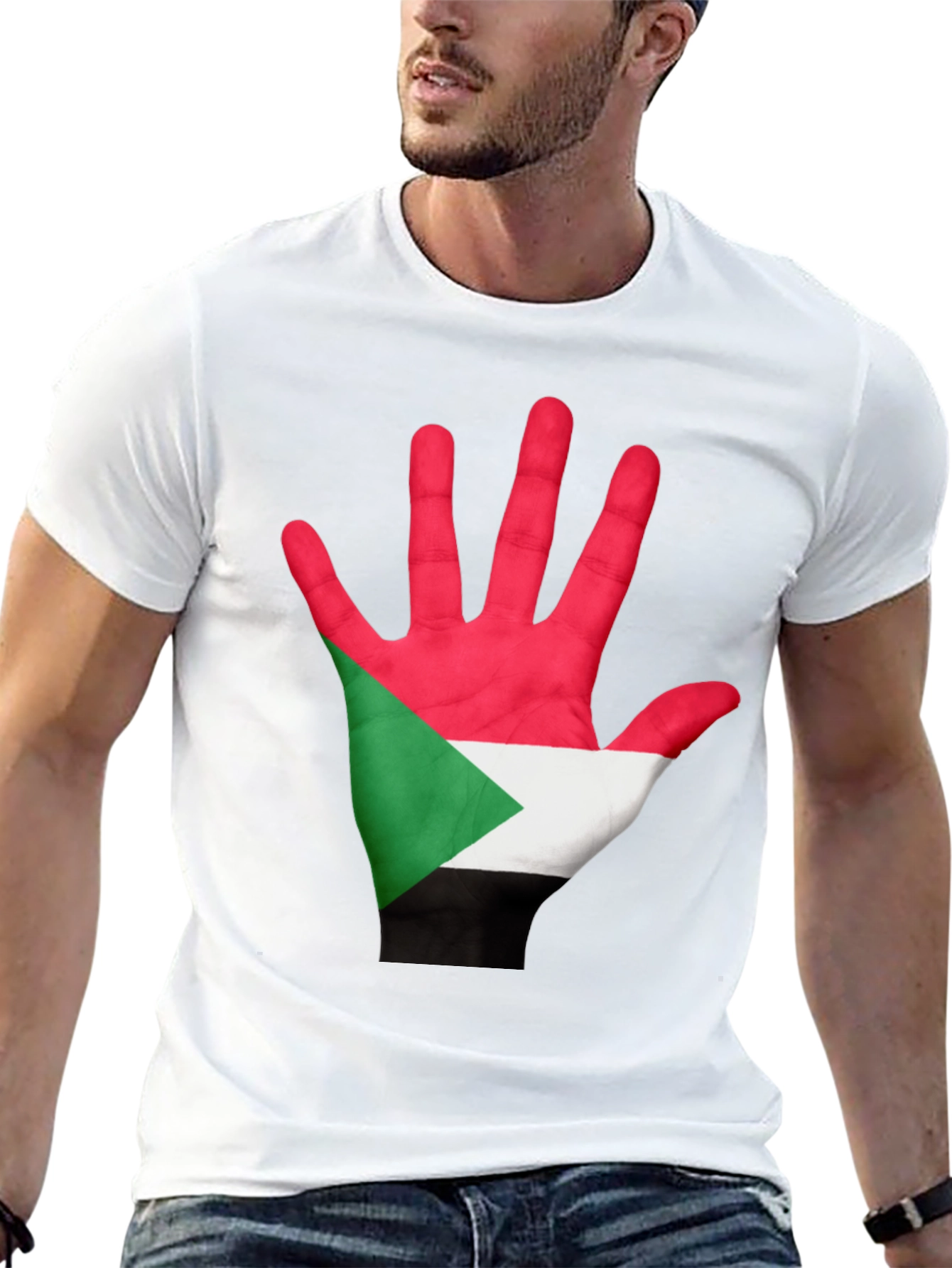Camiseta Negra con Mano Bandera Sudán