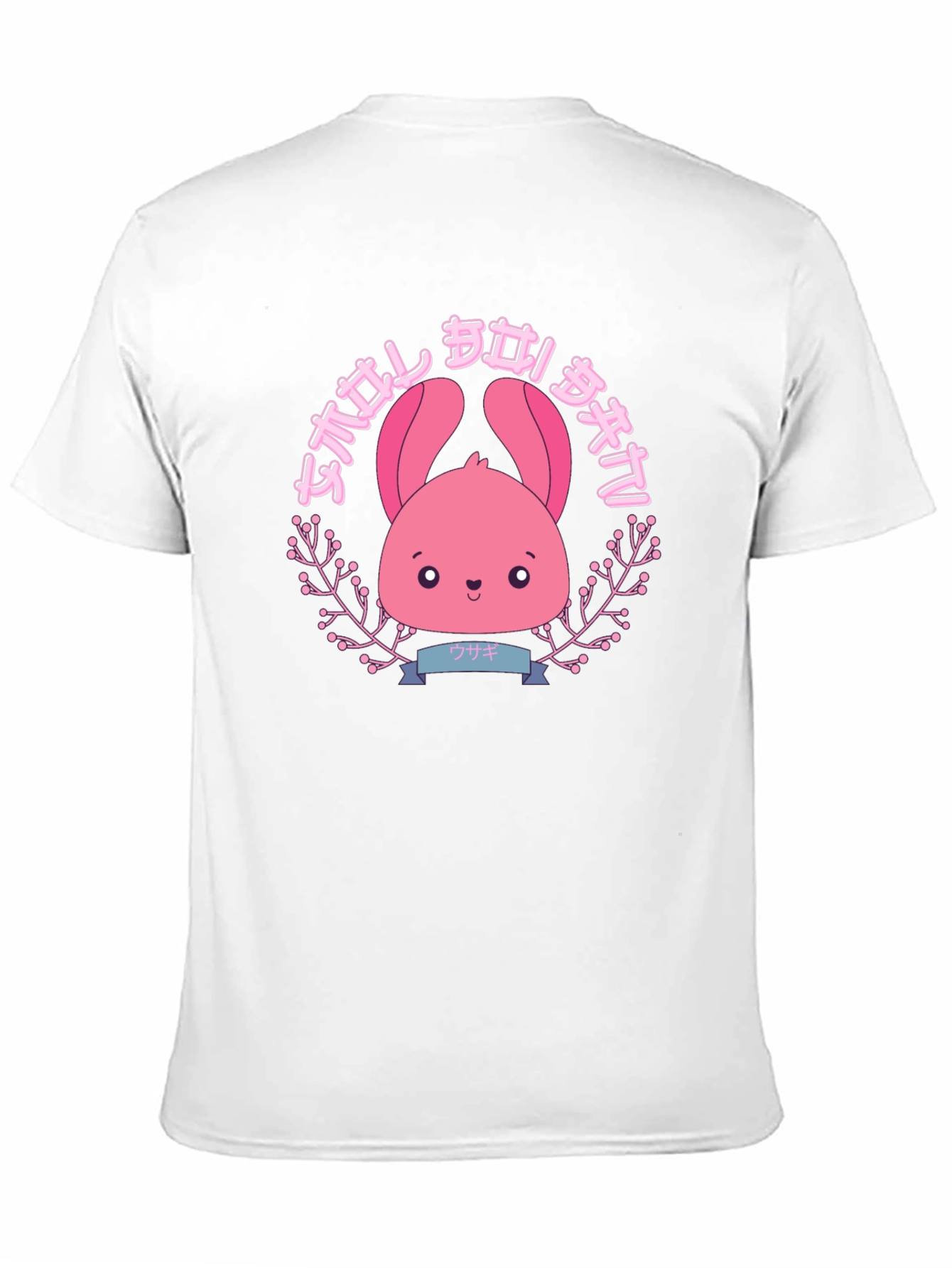 Camiseta Negra con Diseño Kawaii de Conejito Rosa