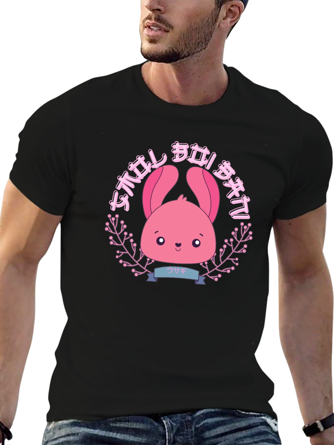 Camiseta Negra con Diseño Kawaii de Conejito Rosa