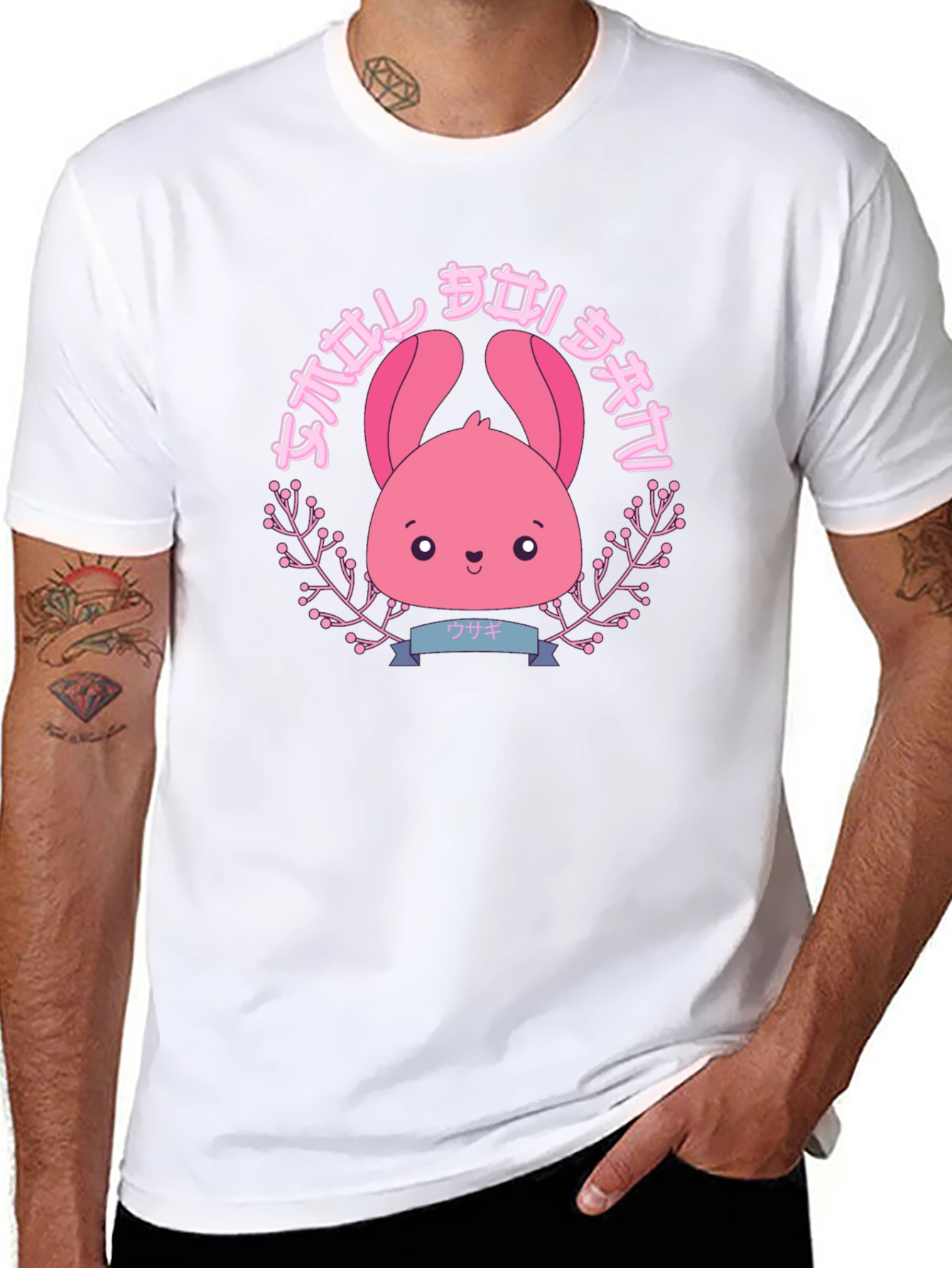 Camiseta Negra con Diseño Kawaii de Conejito Rosa