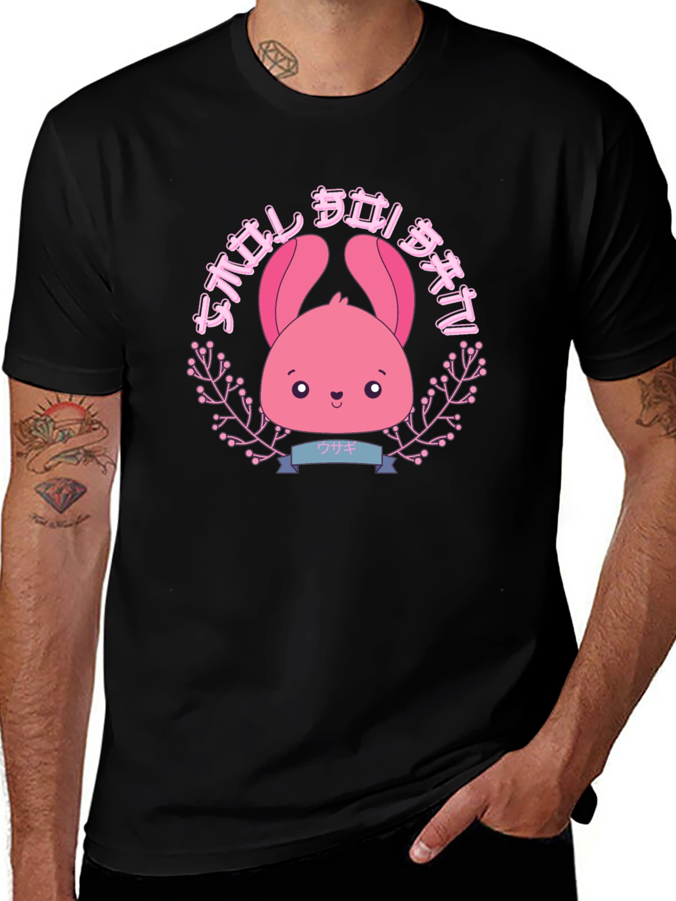 Camiseta Negra con Diseño Kawaii de Conejito Rosa
