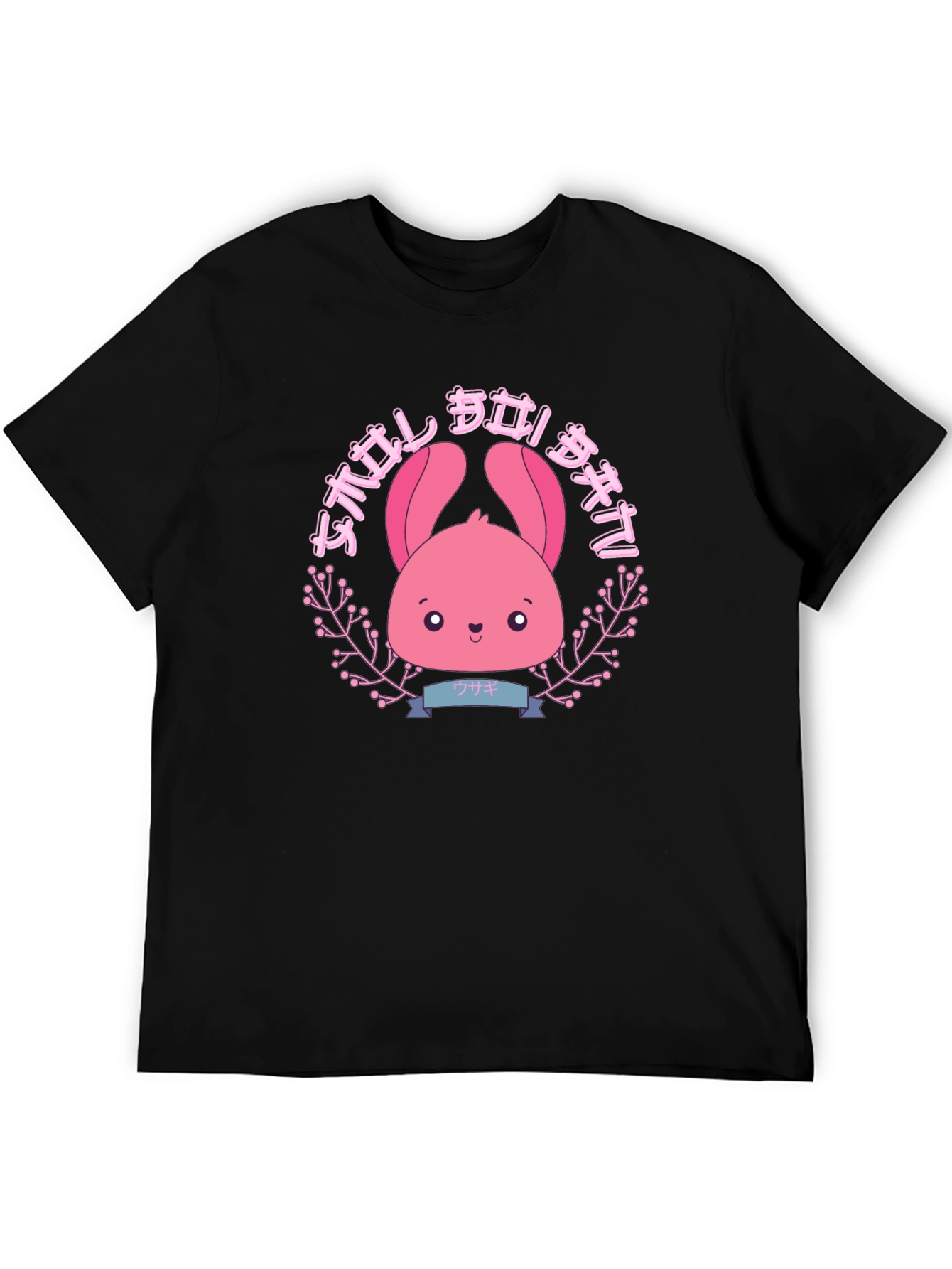 Camiseta Negra con Diseño Kawaii de Conejito Rosa