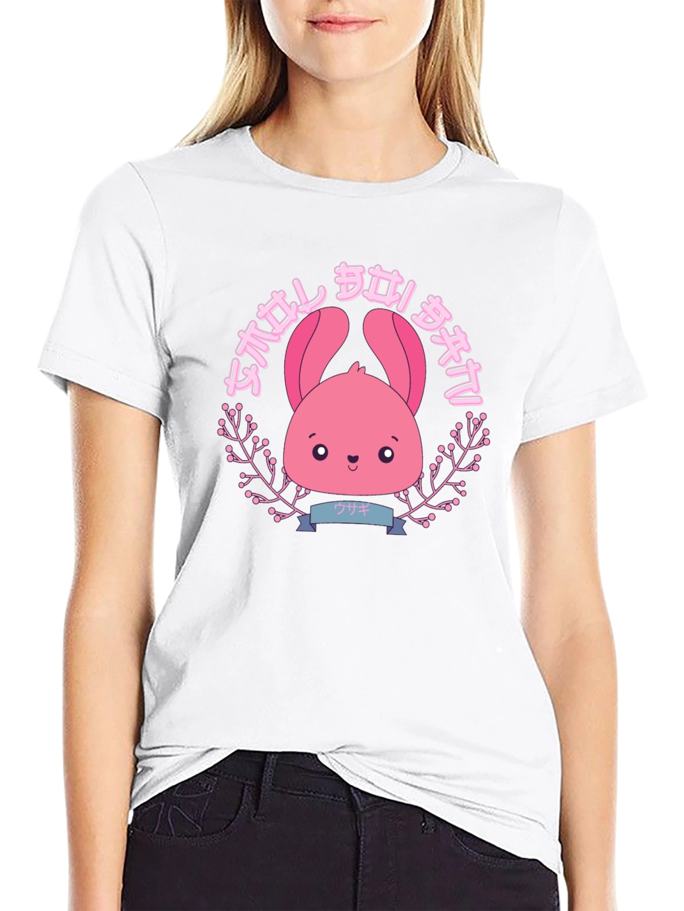 Camiseta Negra con Diseño Kawaii de Conejito Rosa