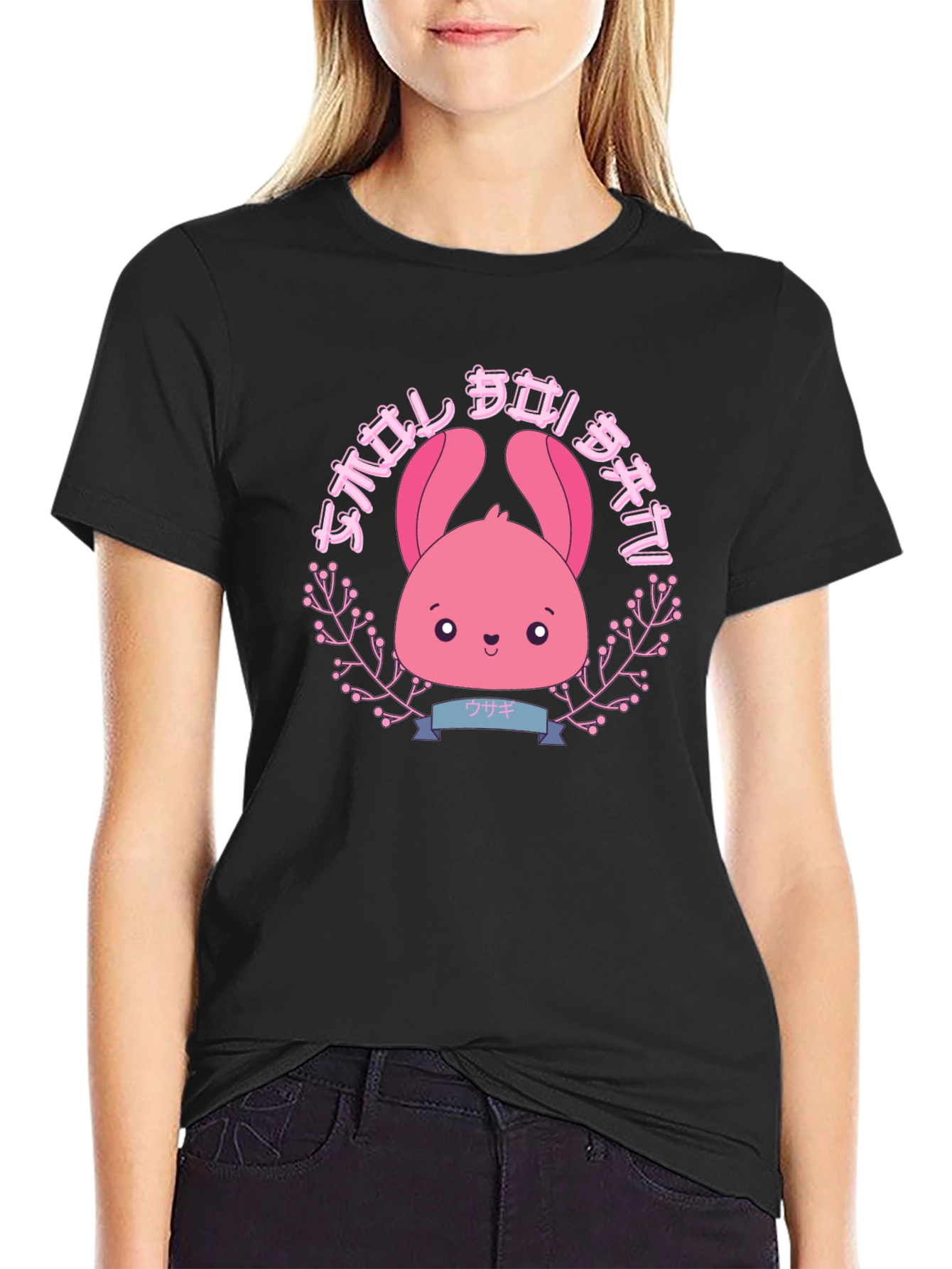 Camiseta Negra con Diseño Kawaii de Conejito Rosa