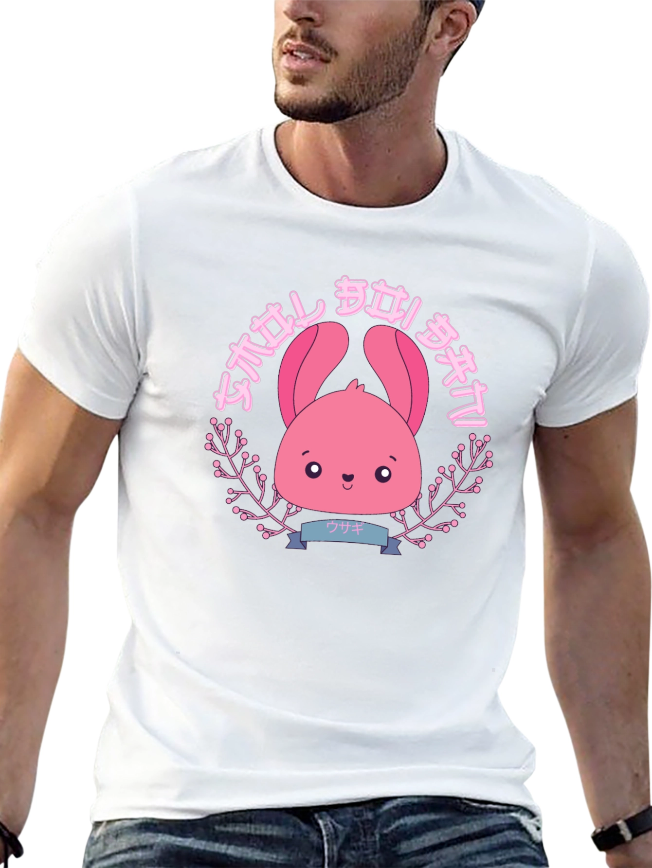 Camiseta Negra con Diseño Kawaii de Conejito Rosa
