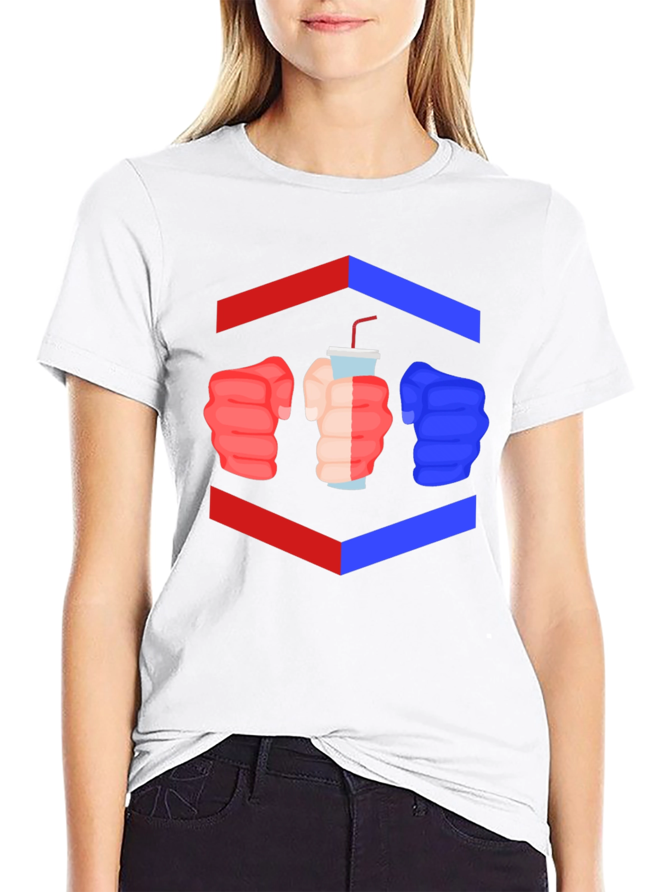 Camiseta Negra Divertida con Diseño de Puños y Bebida