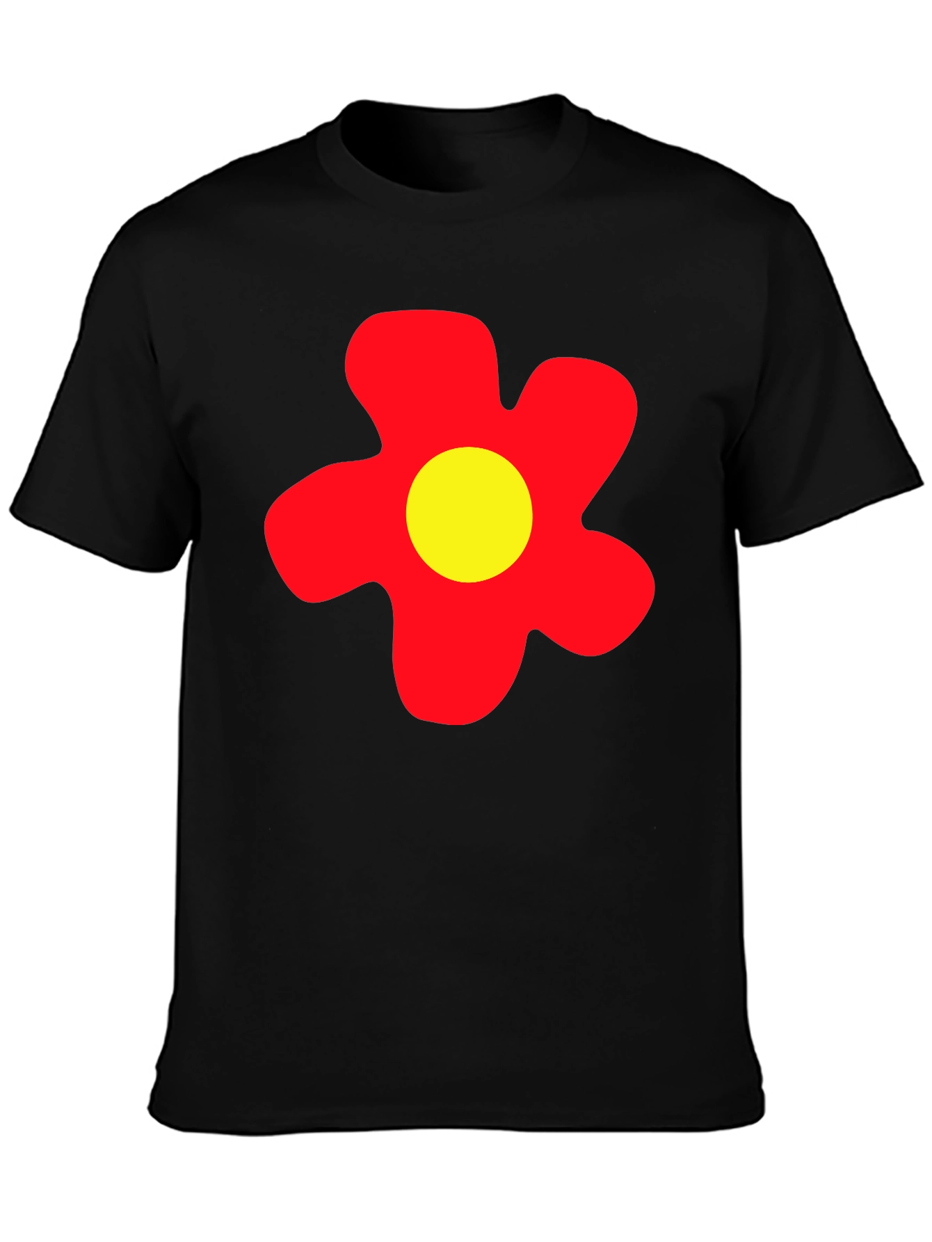 Camiseta Negra con Flor Roja y Amarilla