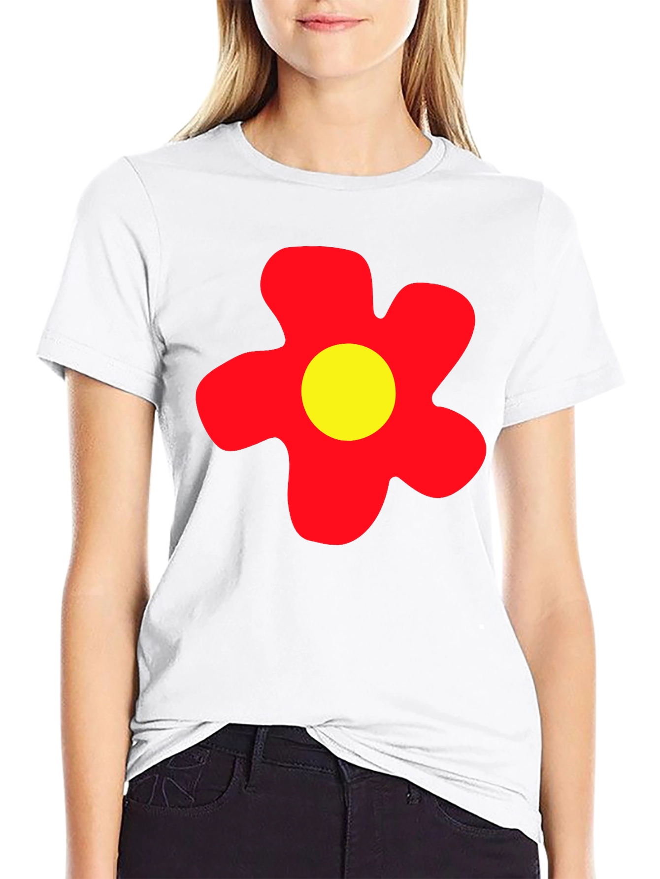 Camiseta Negra con Flor Roja y Amarilla