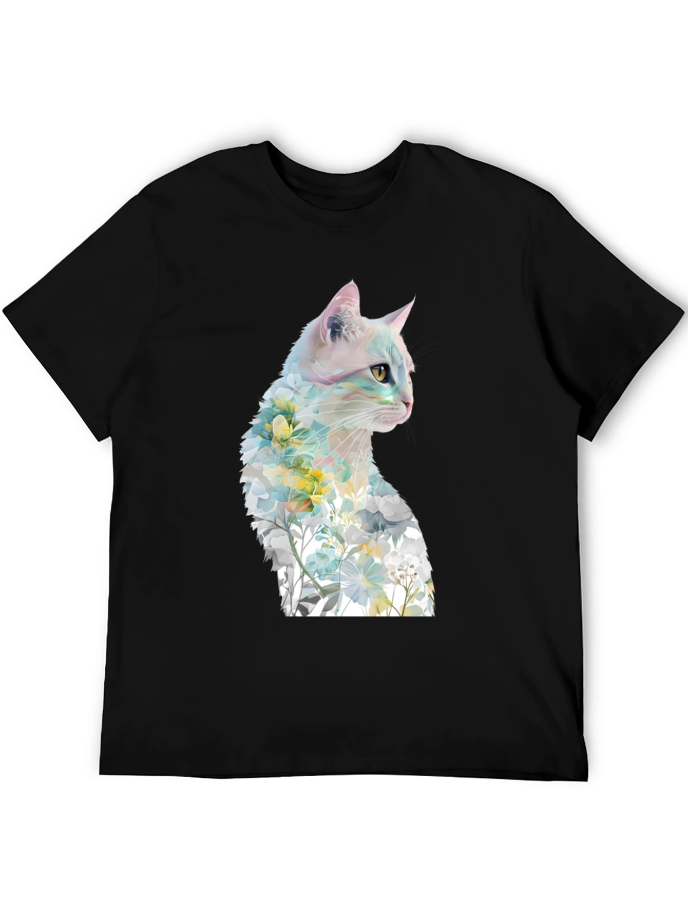 Camiseta Negra con Diseño de Gato Floral