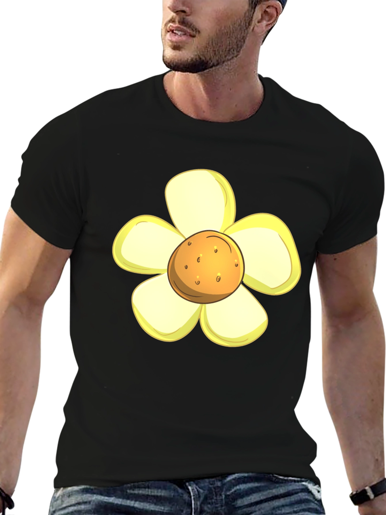 Camiseta Negra con Diseño de Flor Amarilla