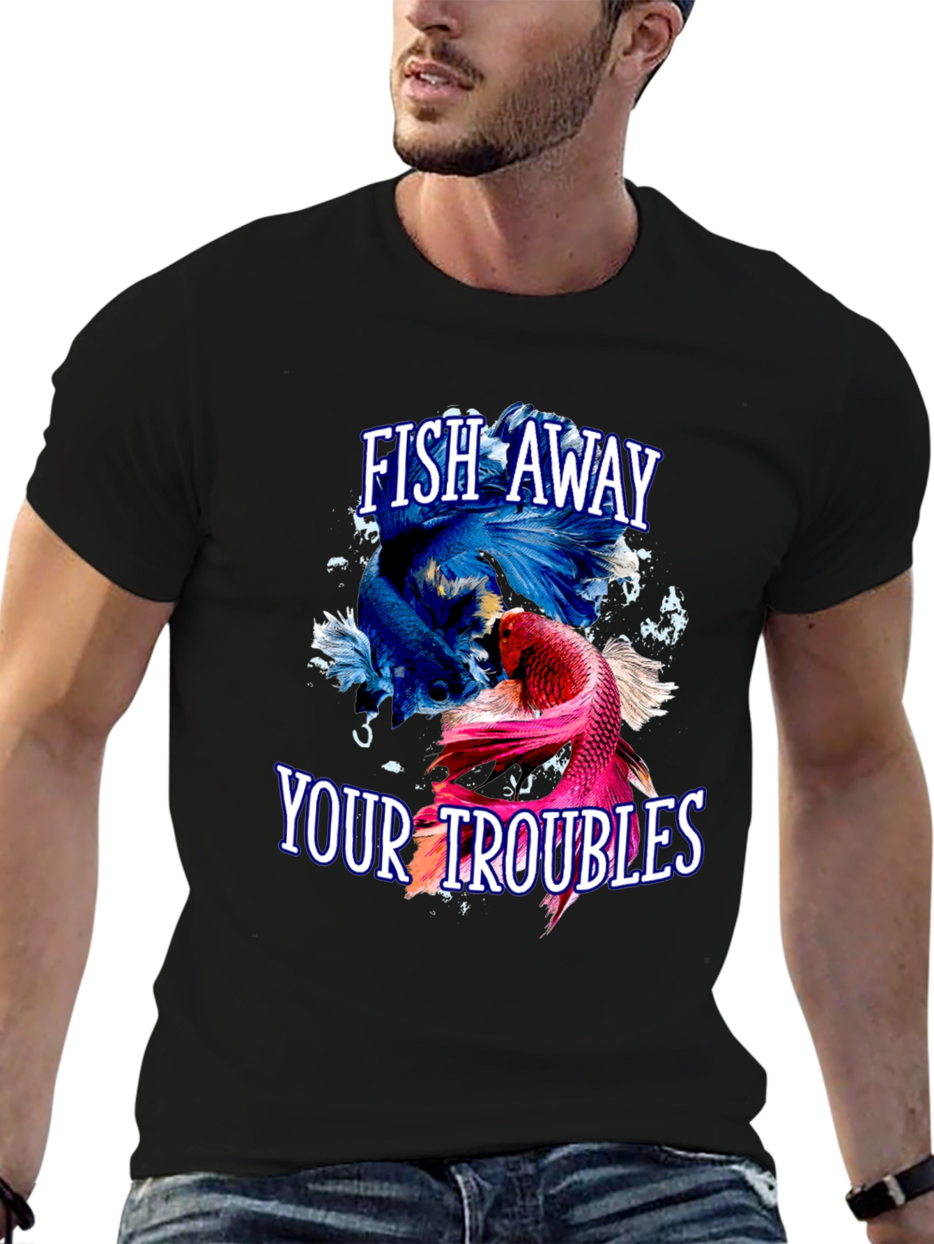 Camiseta Negra: Peces Betta - Fish Away Your Troubles