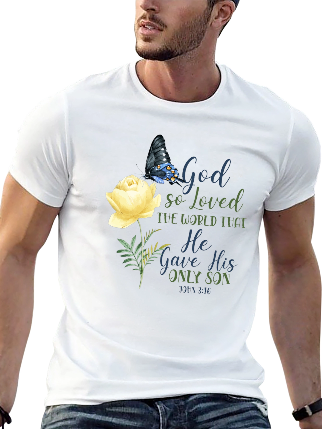 Camiseta Negra con Diseño Floral y Mensaje Religioso