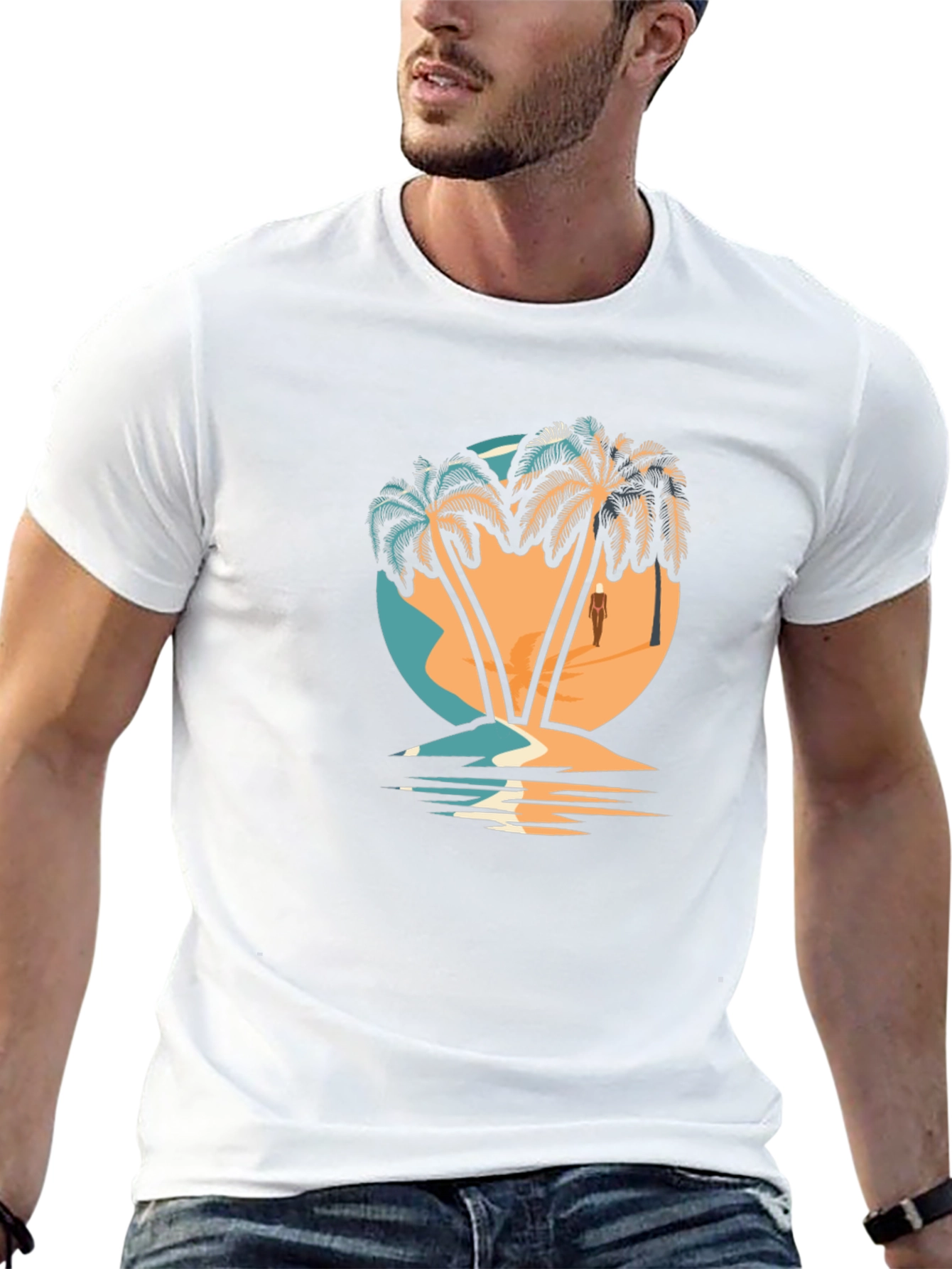 Camiseta Negra con Diseño de Palmeras Tropicales
