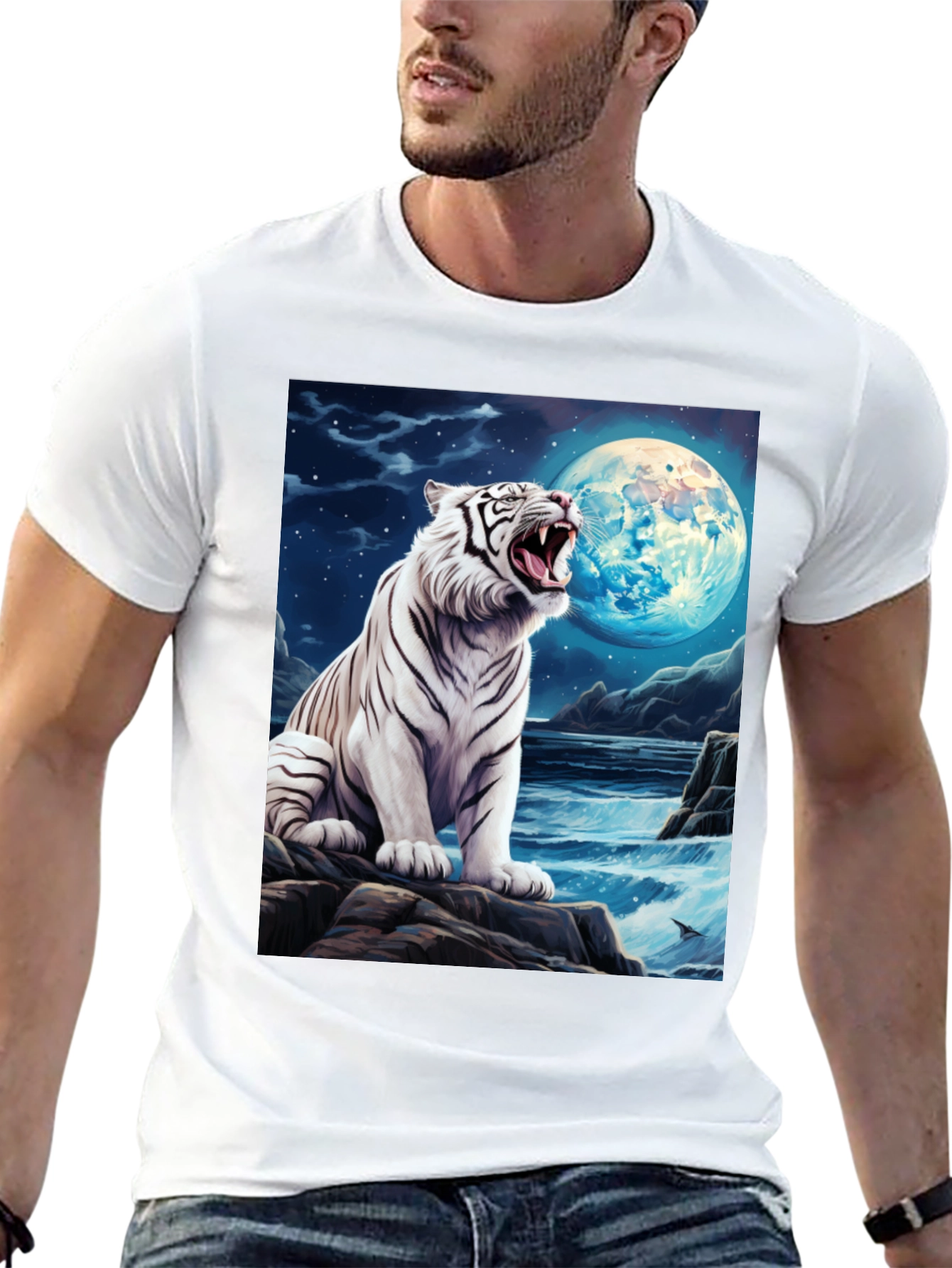 Camiseta Negra con Tigre Blanco y Luna