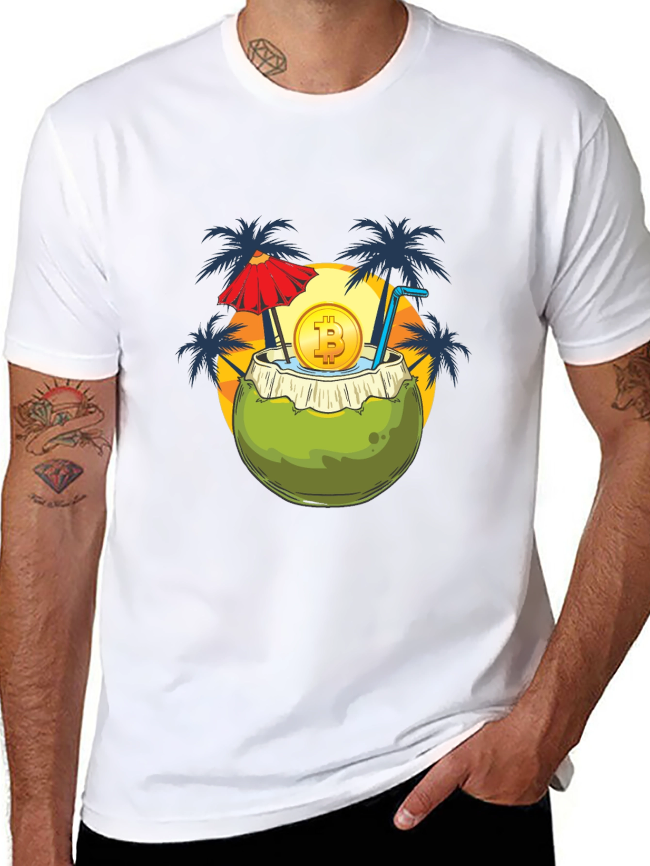 Camiseta Negra con Diseño Tropical Bitcoin