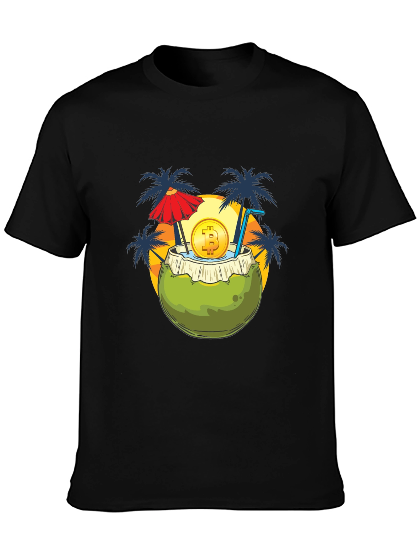 Camiseta Negra con Diseño Tropical Bitcoin