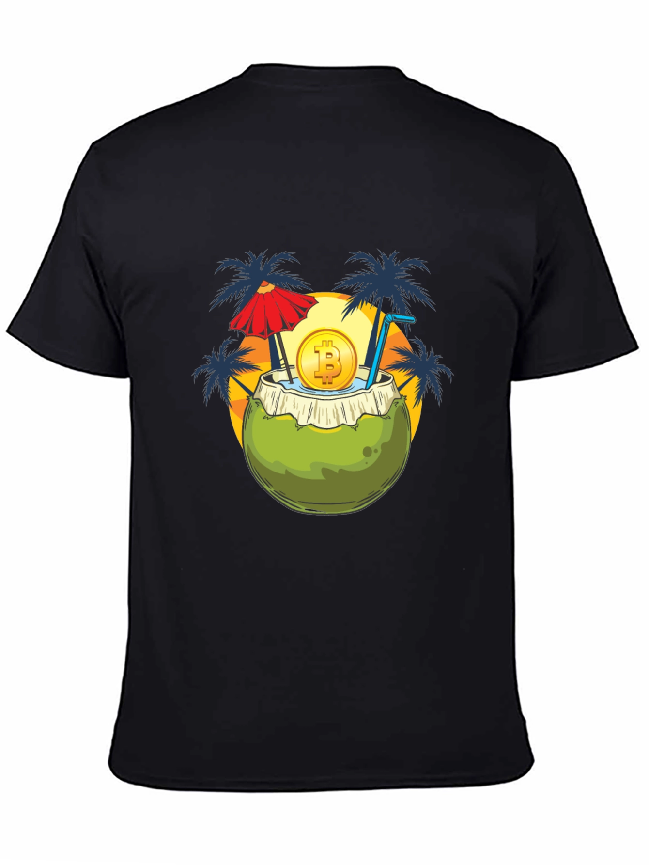 Camiseta Negra con Diseño Tropical Bitcoin