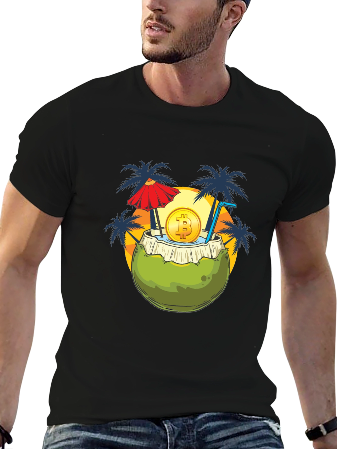Camiseta Negra con Diseño Tropical Bitcoin