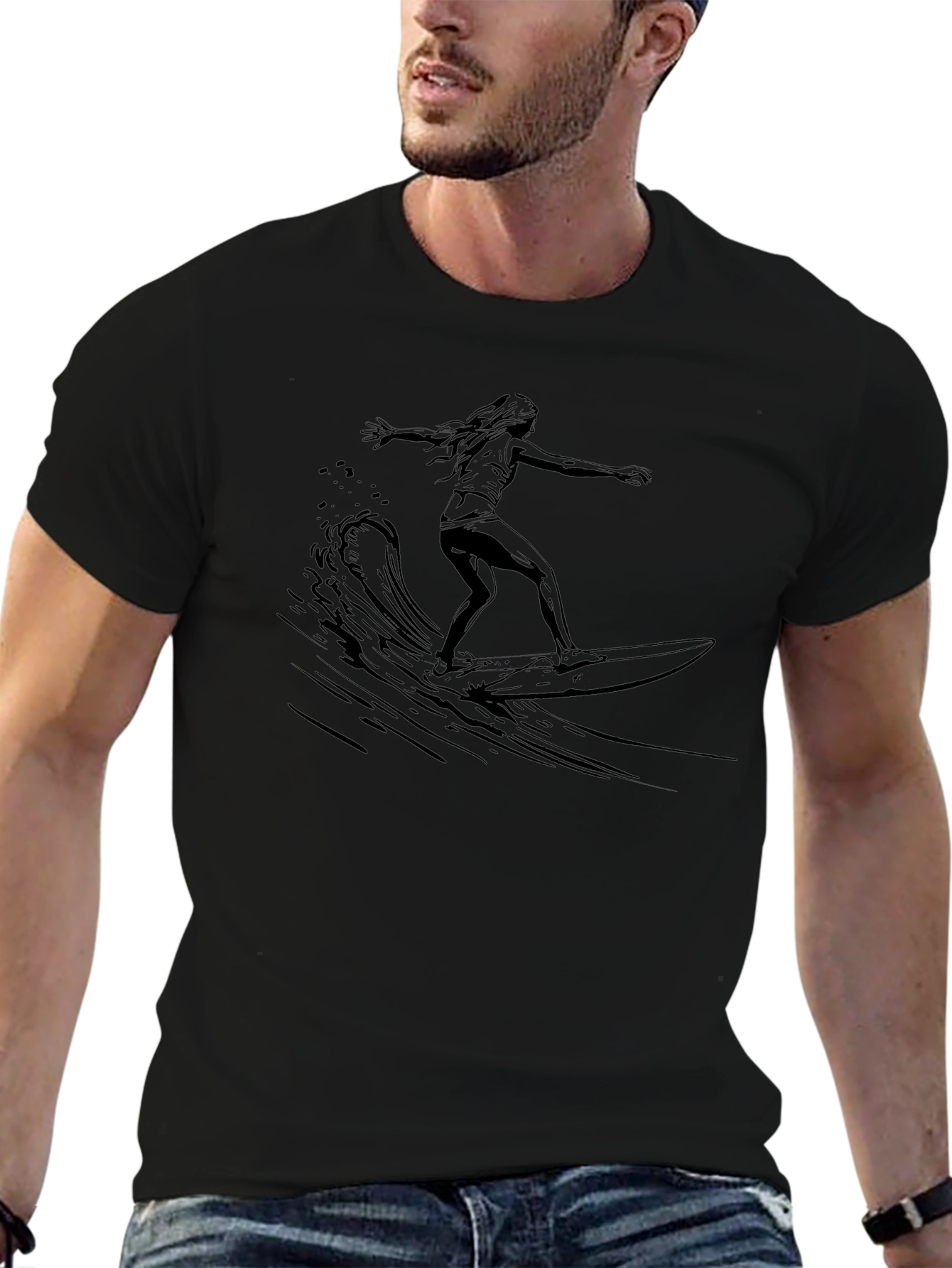 Camiseta Negra Estampada Surfista