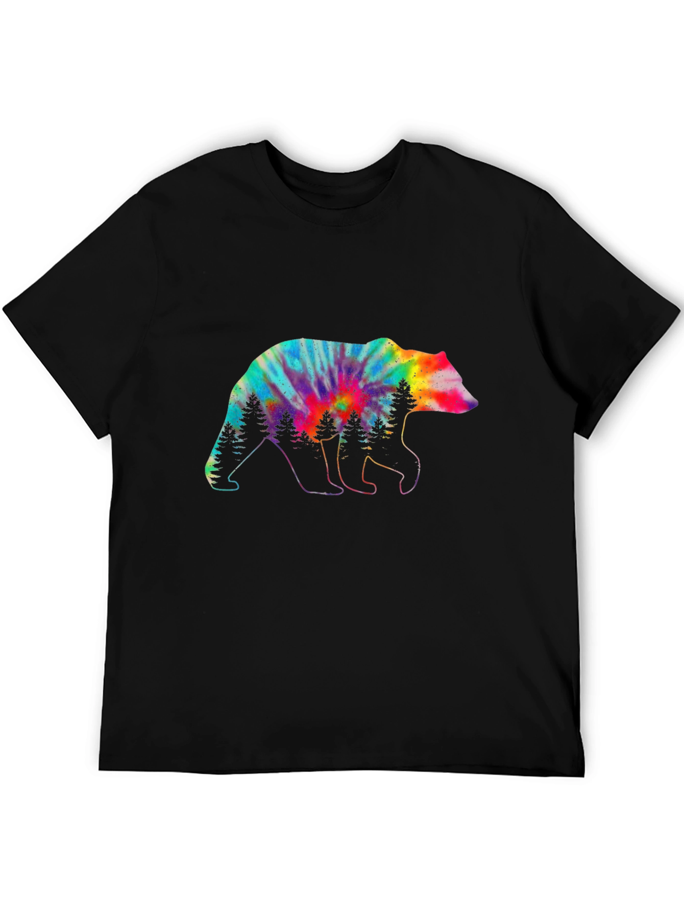 Camiseta Negra con Oso Tie-Dye y Árboles