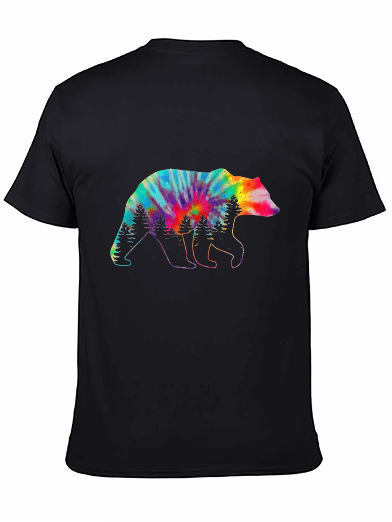 Camiseta Negra con Oso Tie-Dye y Árboles