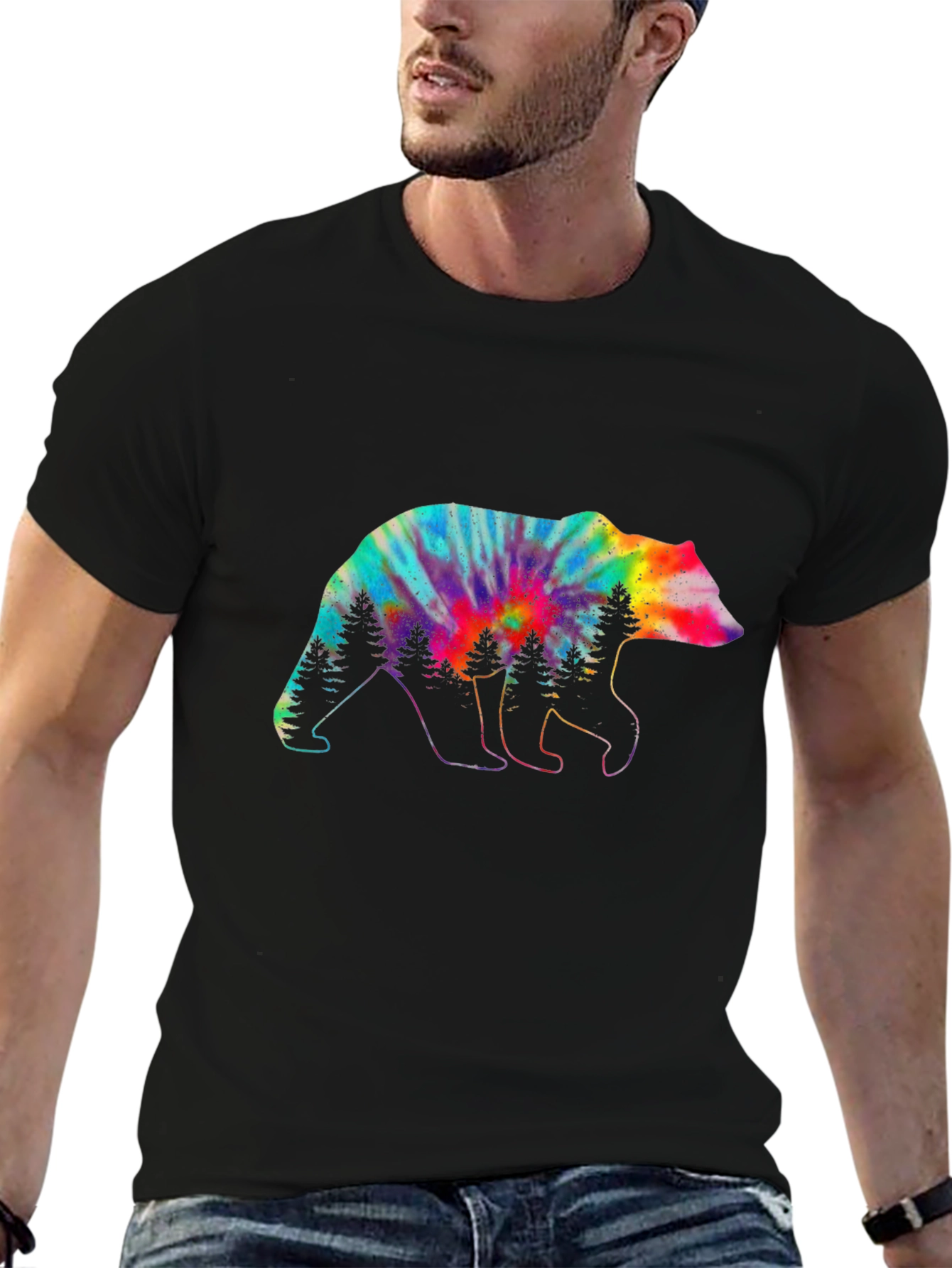 Camiseta Negra con Oso Tie-Dye y Árboles