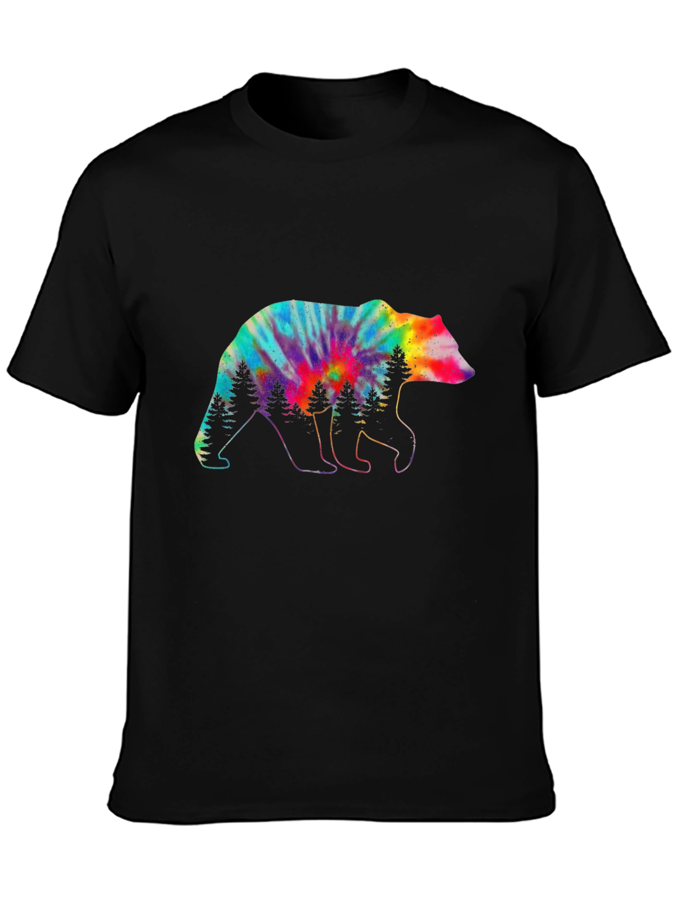 Camiseta Negra con Oso Tie-Dye y Árboles