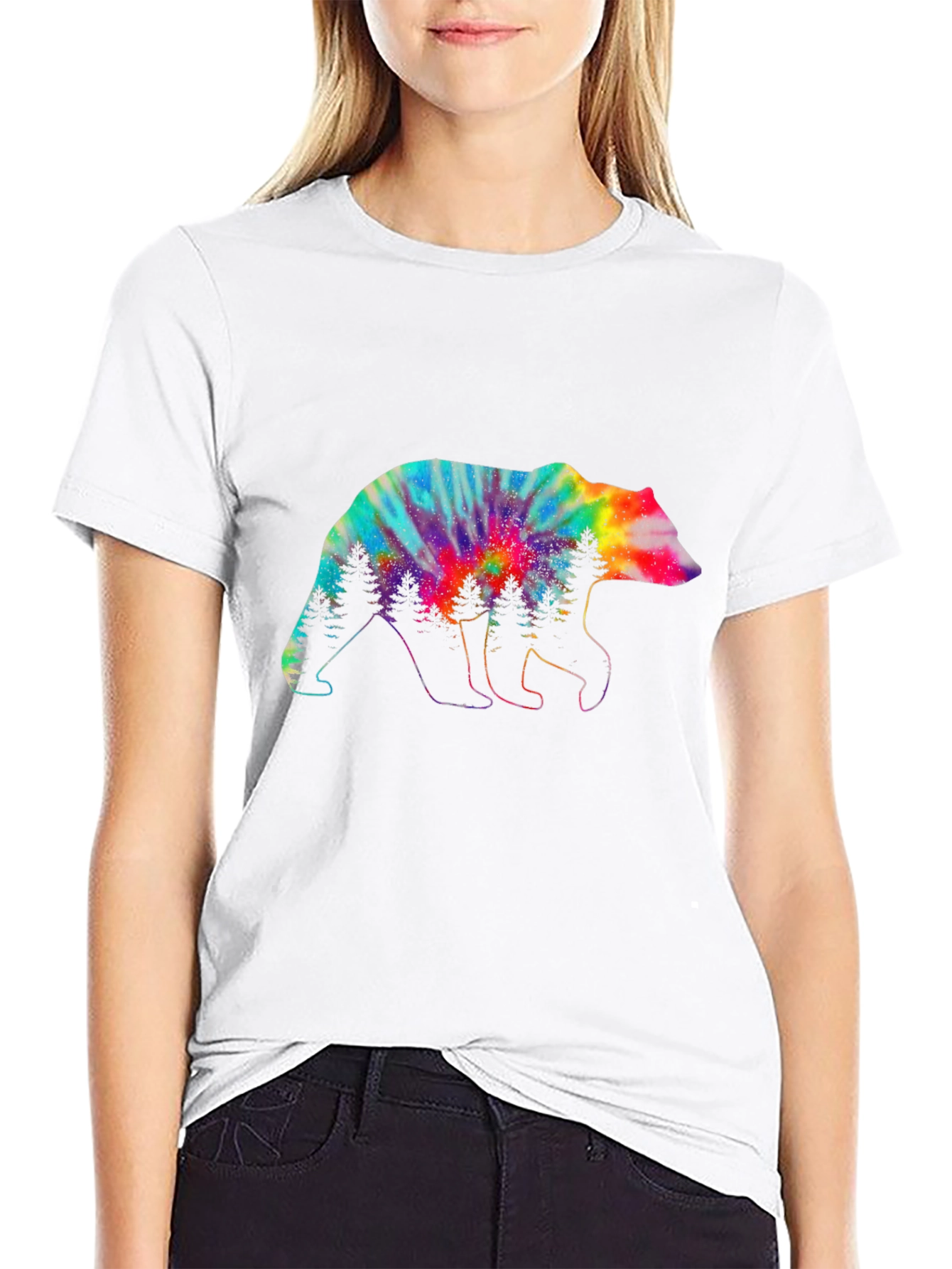 Camiseta Negra con Oso Tie-Dye y Árboles