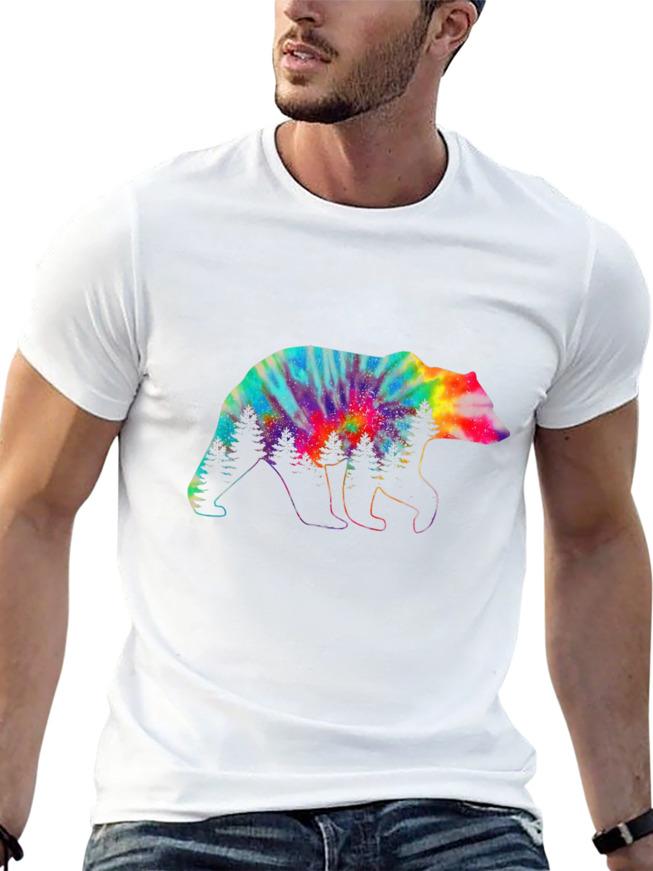 Camiseta Negra con Oso Tie-Dye y Árboles