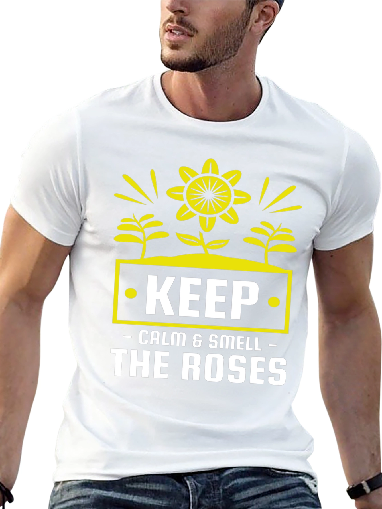 Camiseta Negra: Keep Calm & Smell The Roses