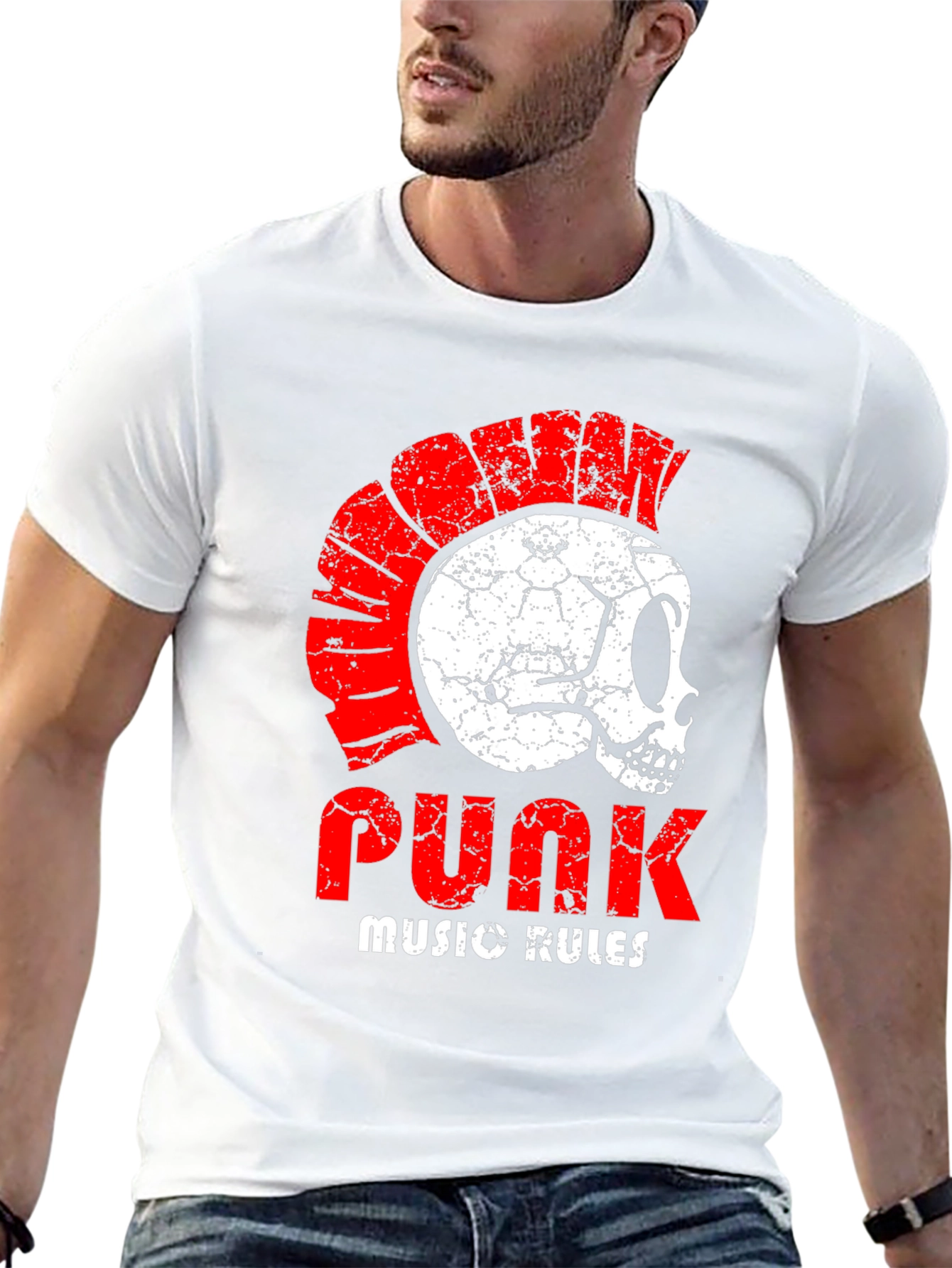 Camiseta Punk Rock con Calavera y Cresta Roja