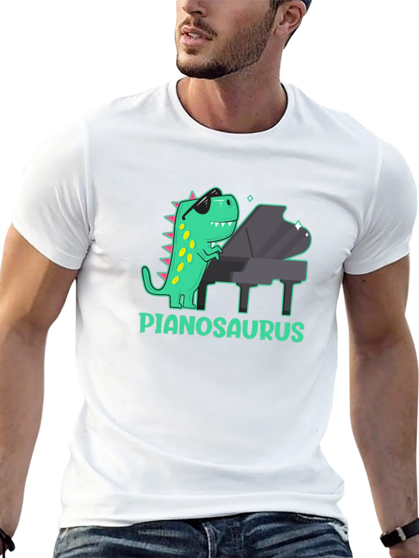 Camiseta Negra con Diseño de Dinosaurio Pianista