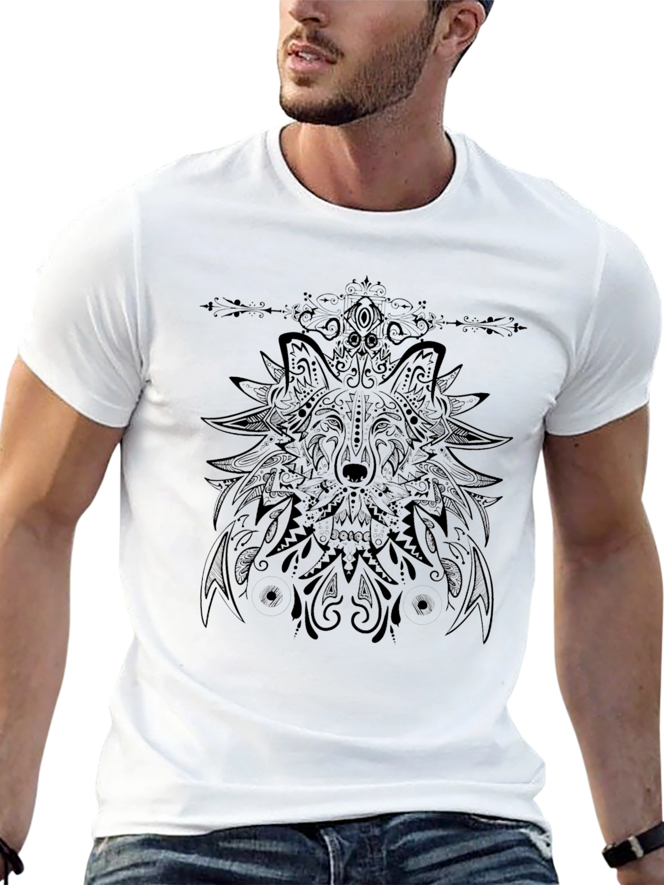 Camiseta Negra con Diseño de Lobo Mandala