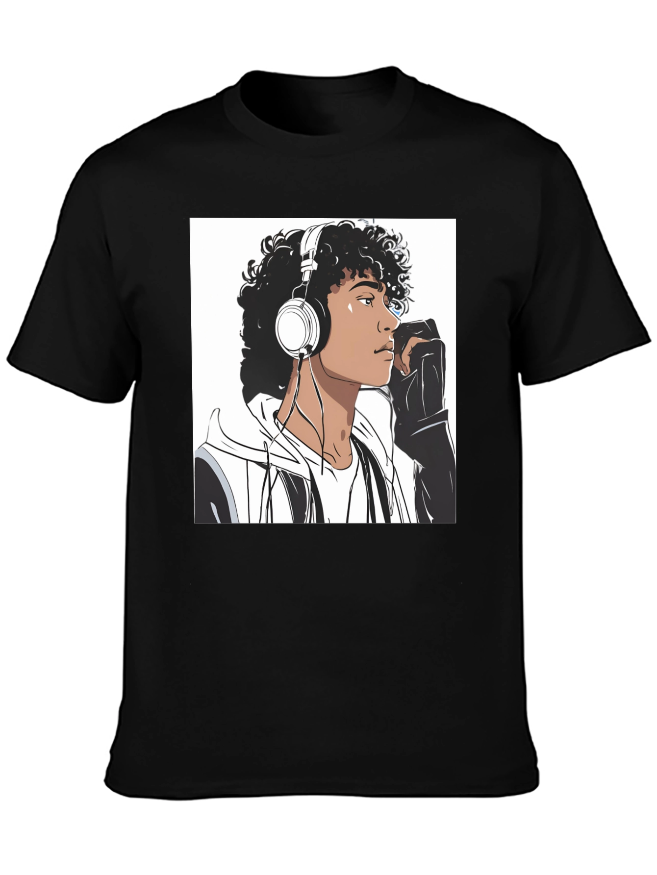 Camiseta Negra con Diseño de Joven Escuchando Música